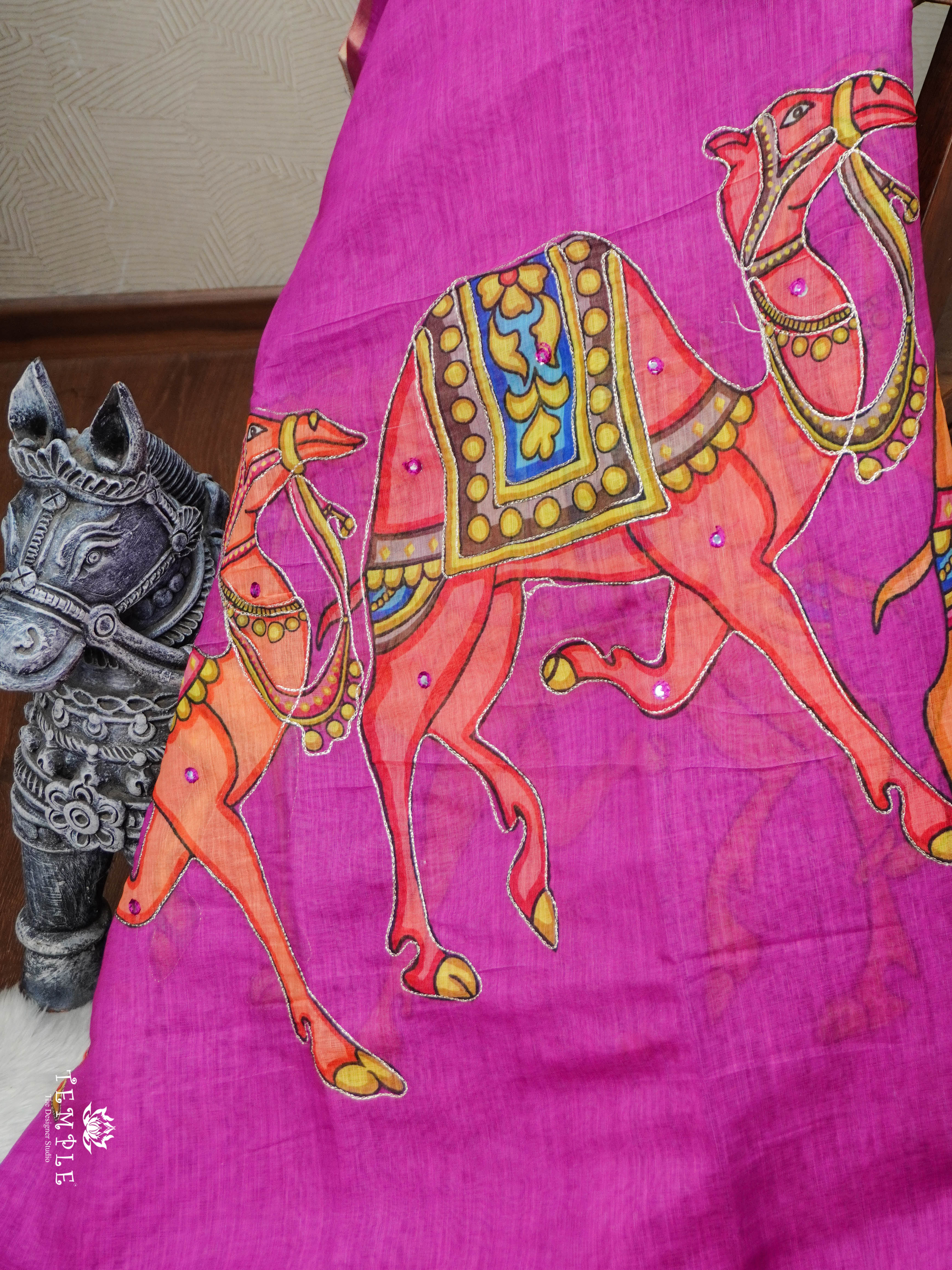 Camel Printed Linen Cotton Saree | TTDS2974