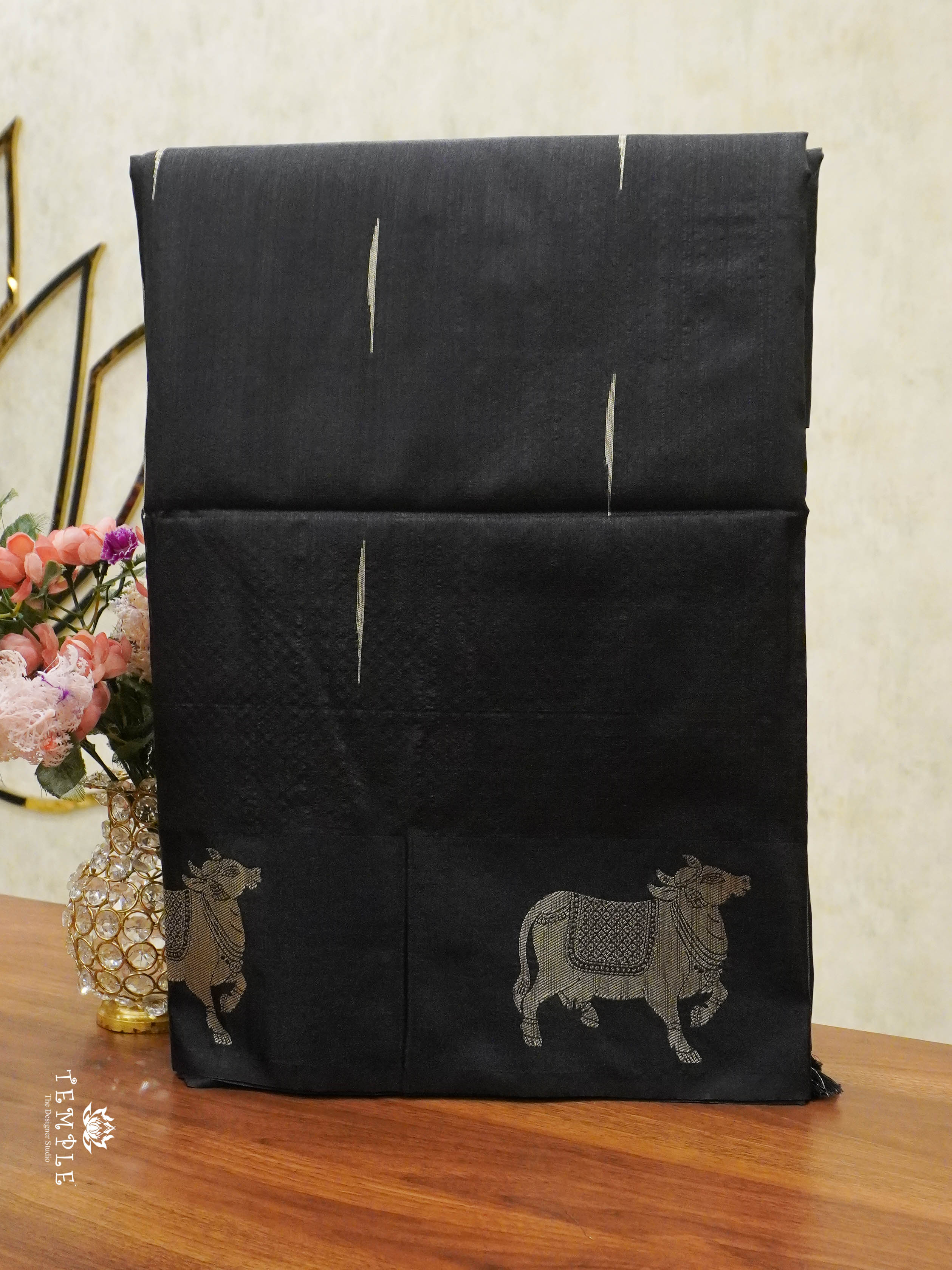 Raw Silk Saree with Pichwai Designs (Black) | TTDS1519