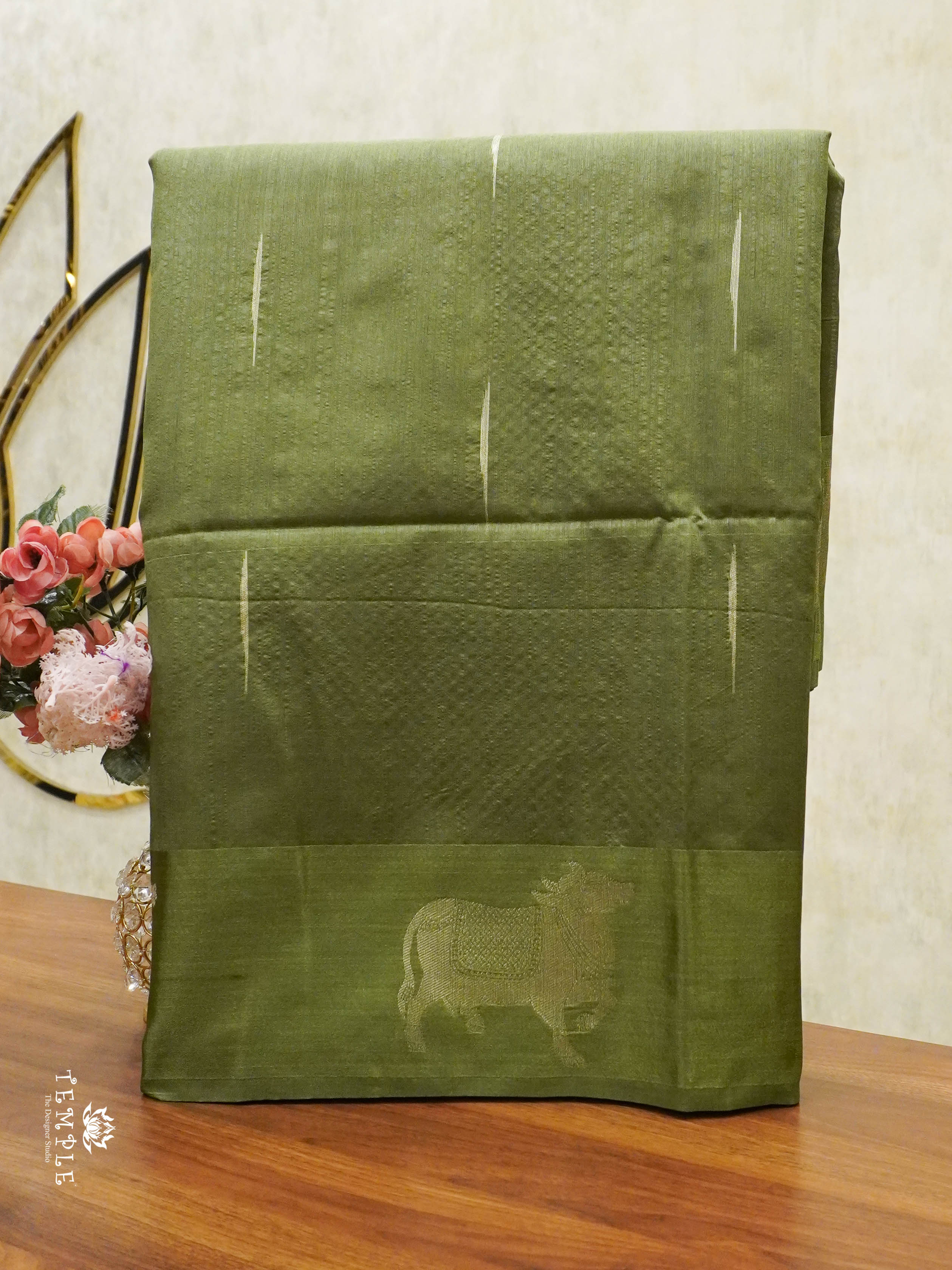 Raw Silk Saree with Pichwai Designs (Green) | TTDS1519