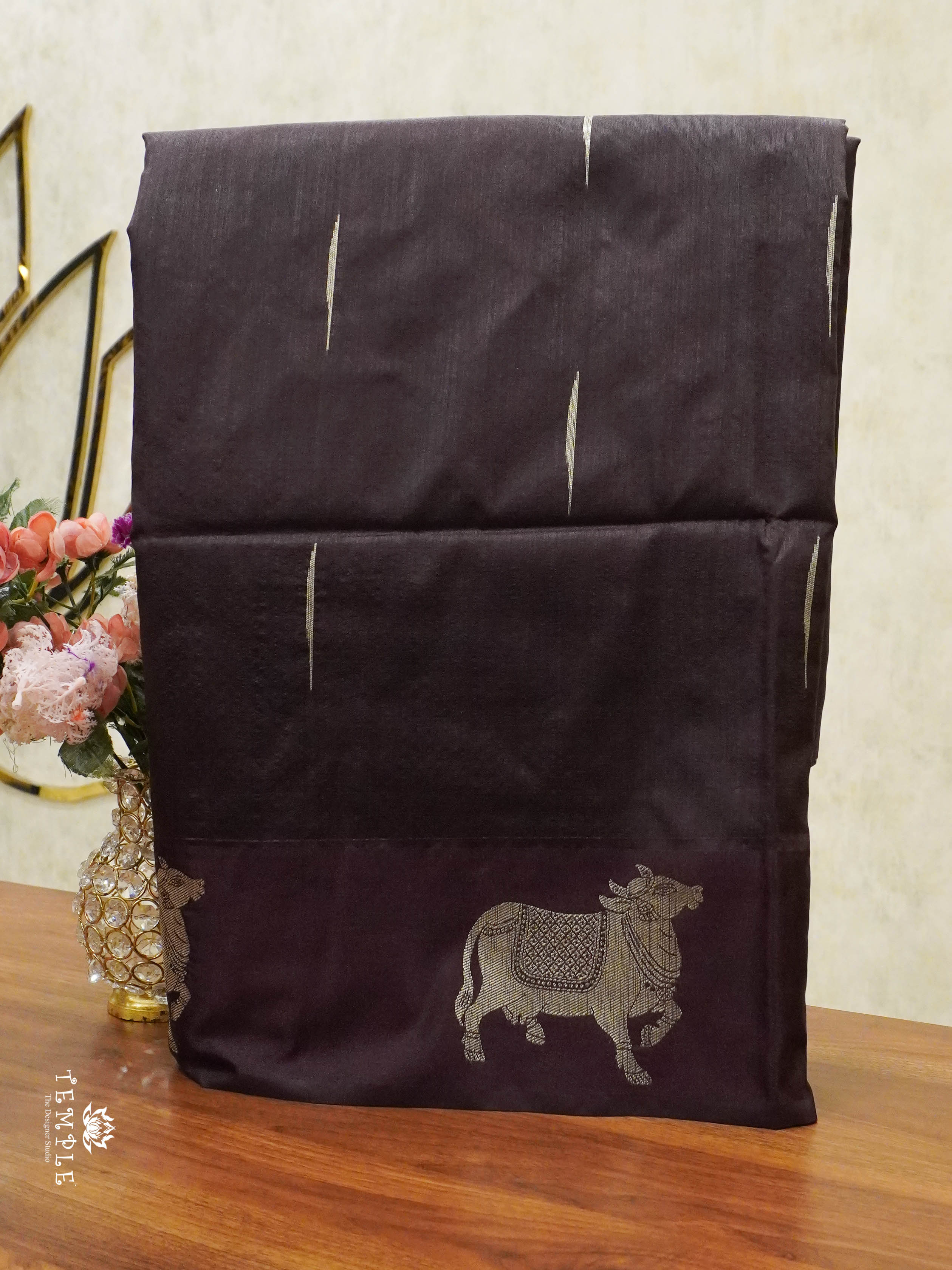 Raw Silk Saree with Pichwai Designs (Brown) | TTDS1519