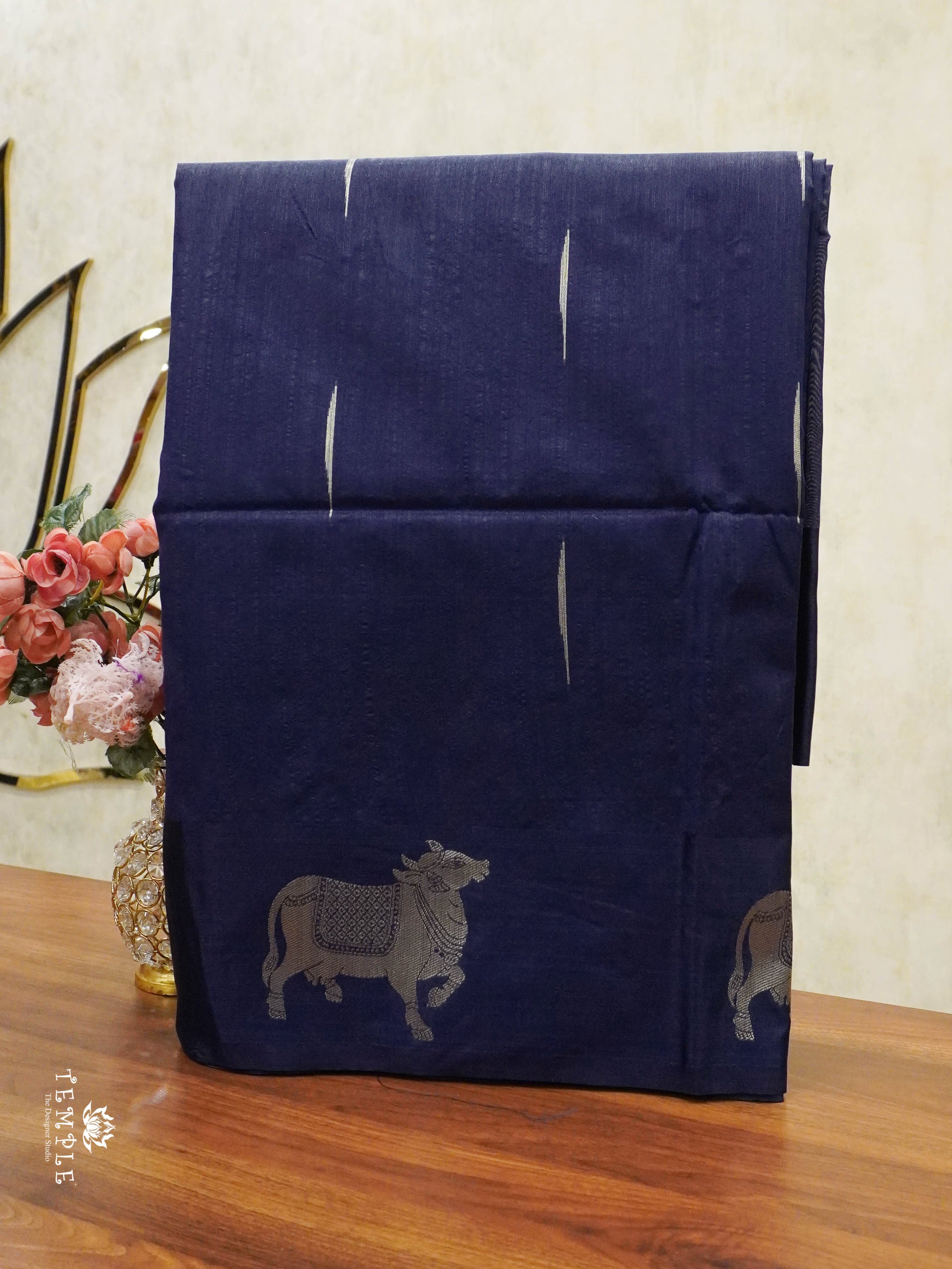 Raw Silk Saree with Pichwai Designs (Blue) | TTDS1519