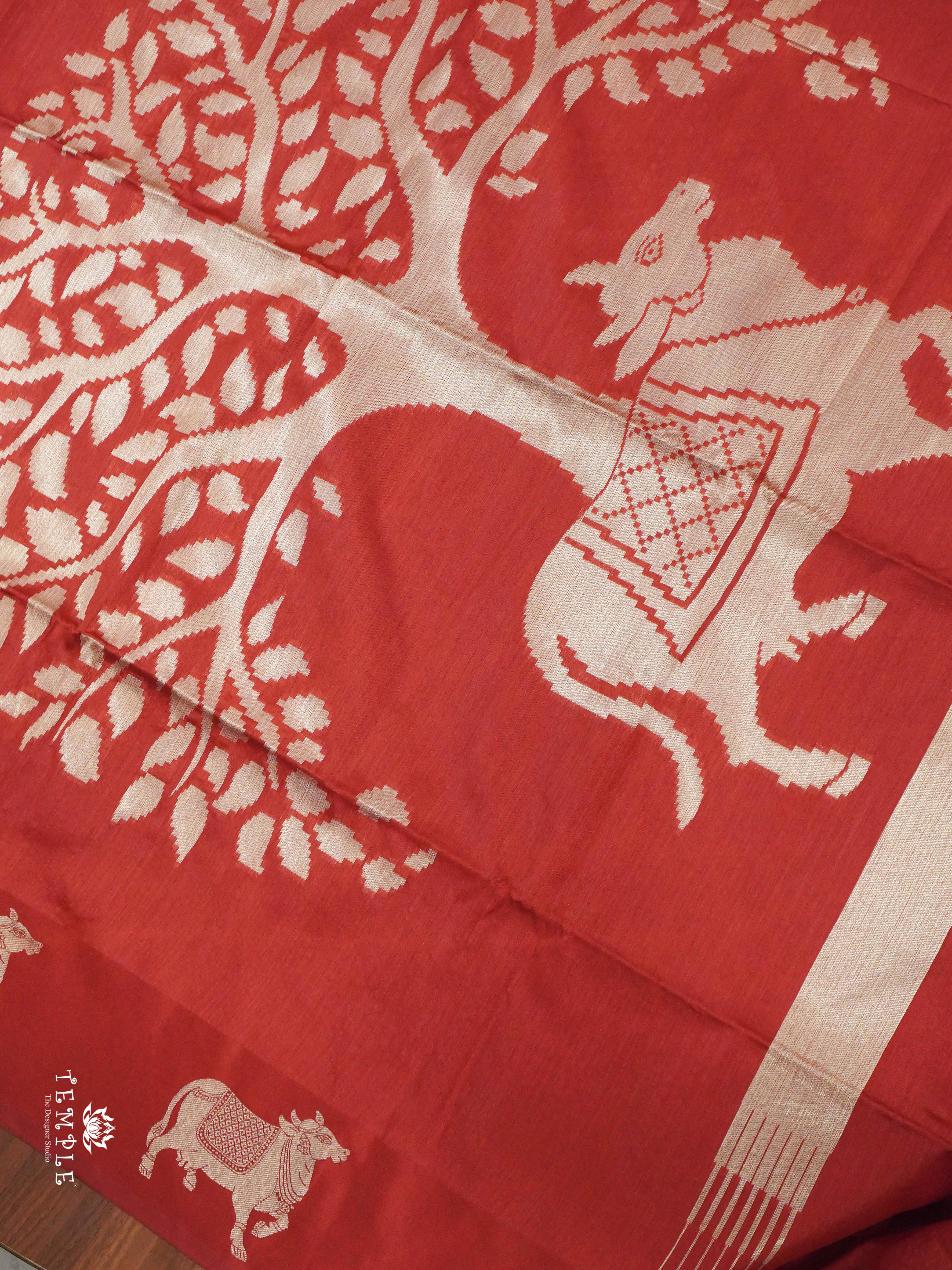 Raw Silk Saree with Pichwai Designs (Red) | TTDS1519