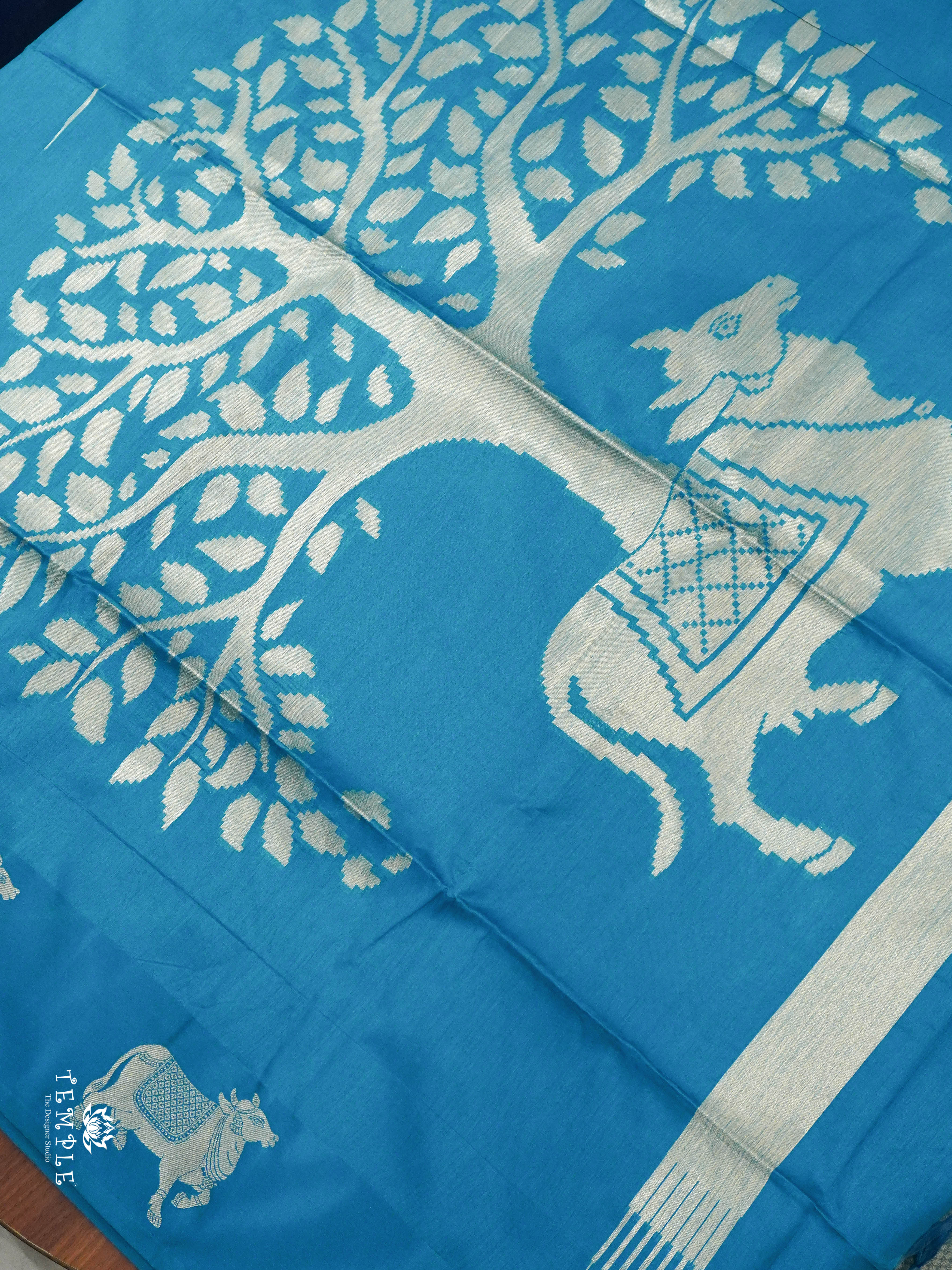 Raw Silk Saree with Pichwai Designs (Rama Blue) | TTDS1519