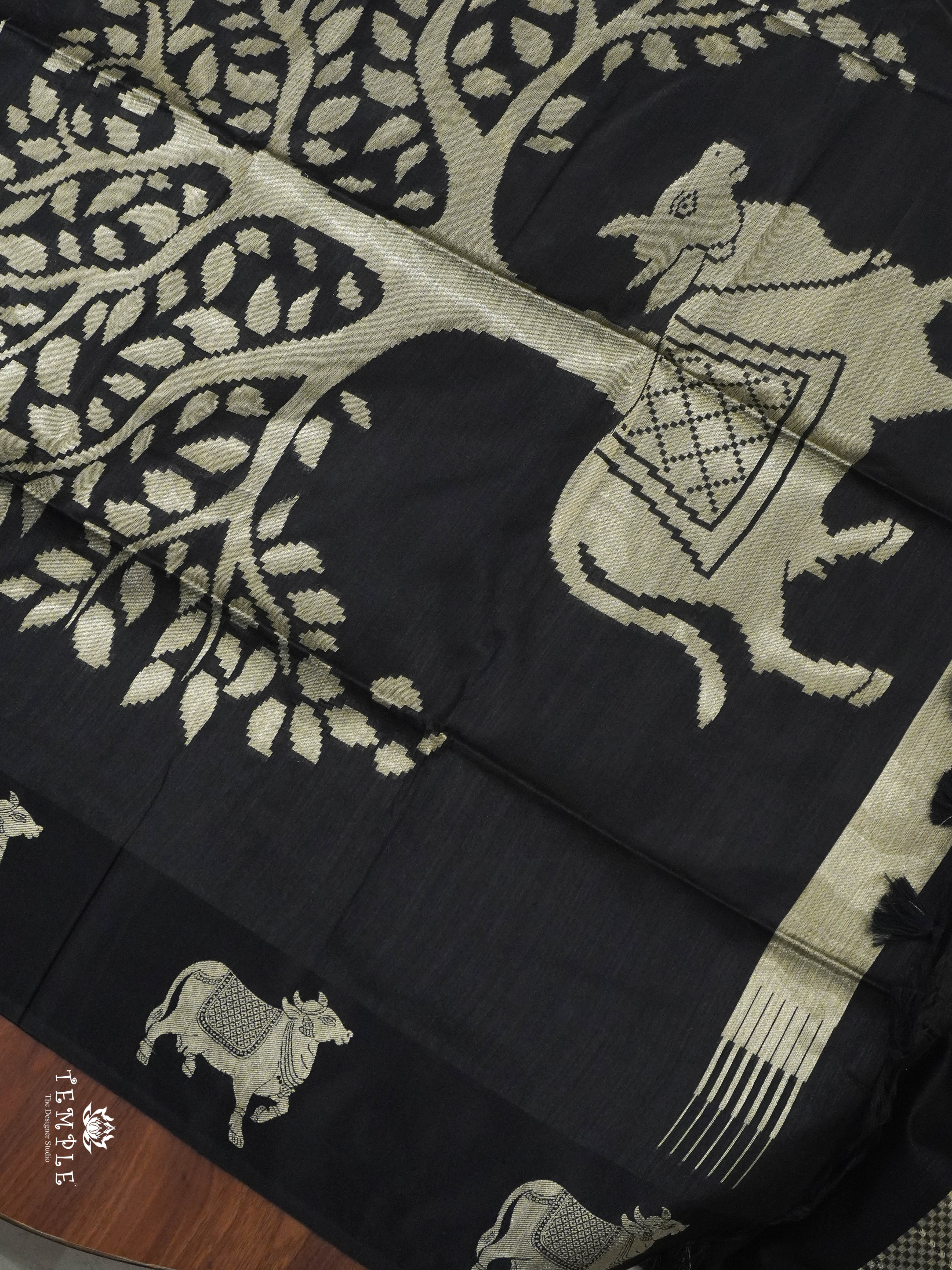 Raw Silk Saree with Pichwai Designs (Black) | TTDS1519