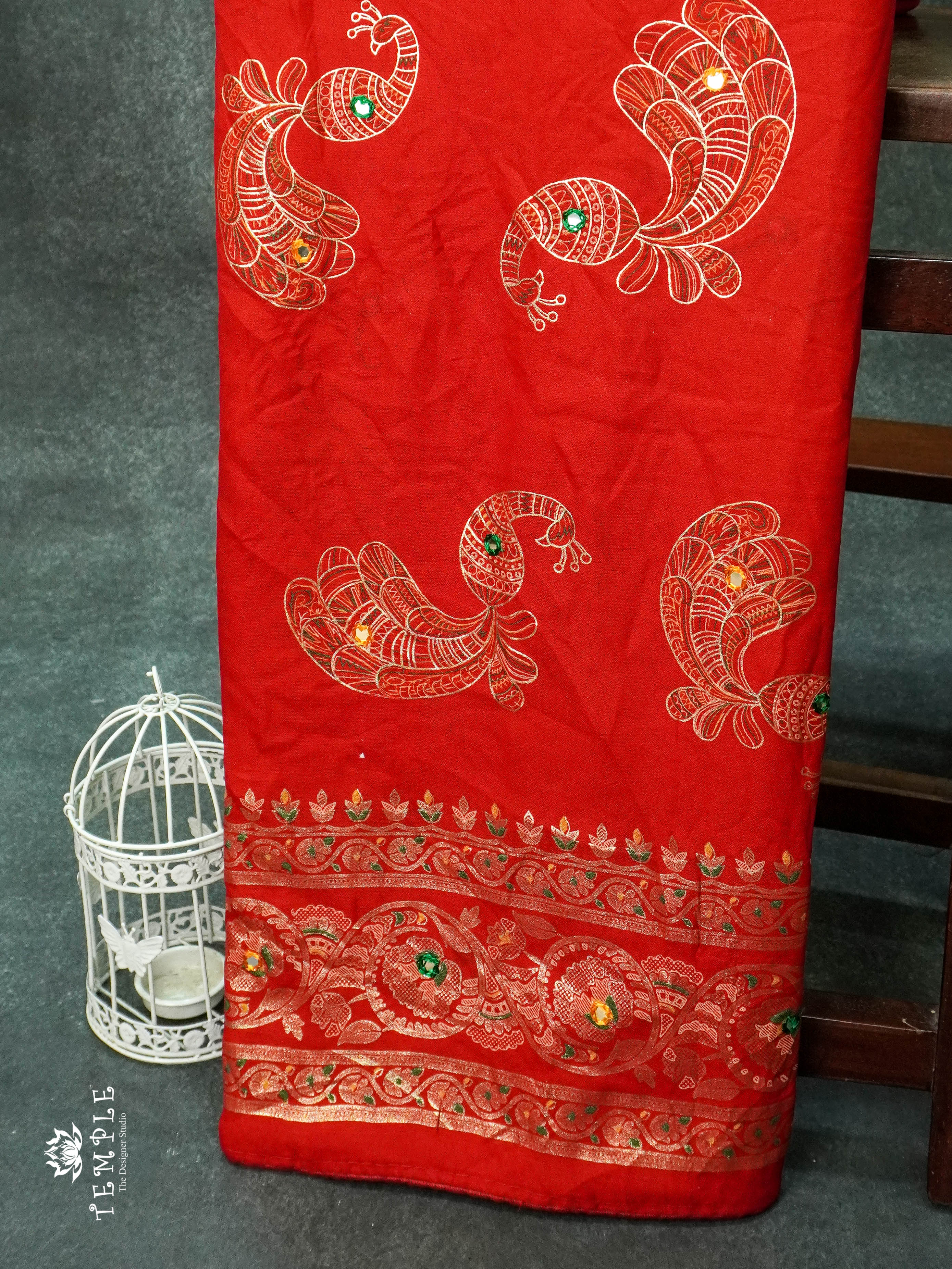 Mirror Work Georgette Saree(Red) | TTDS1133 | Sparkling Deals