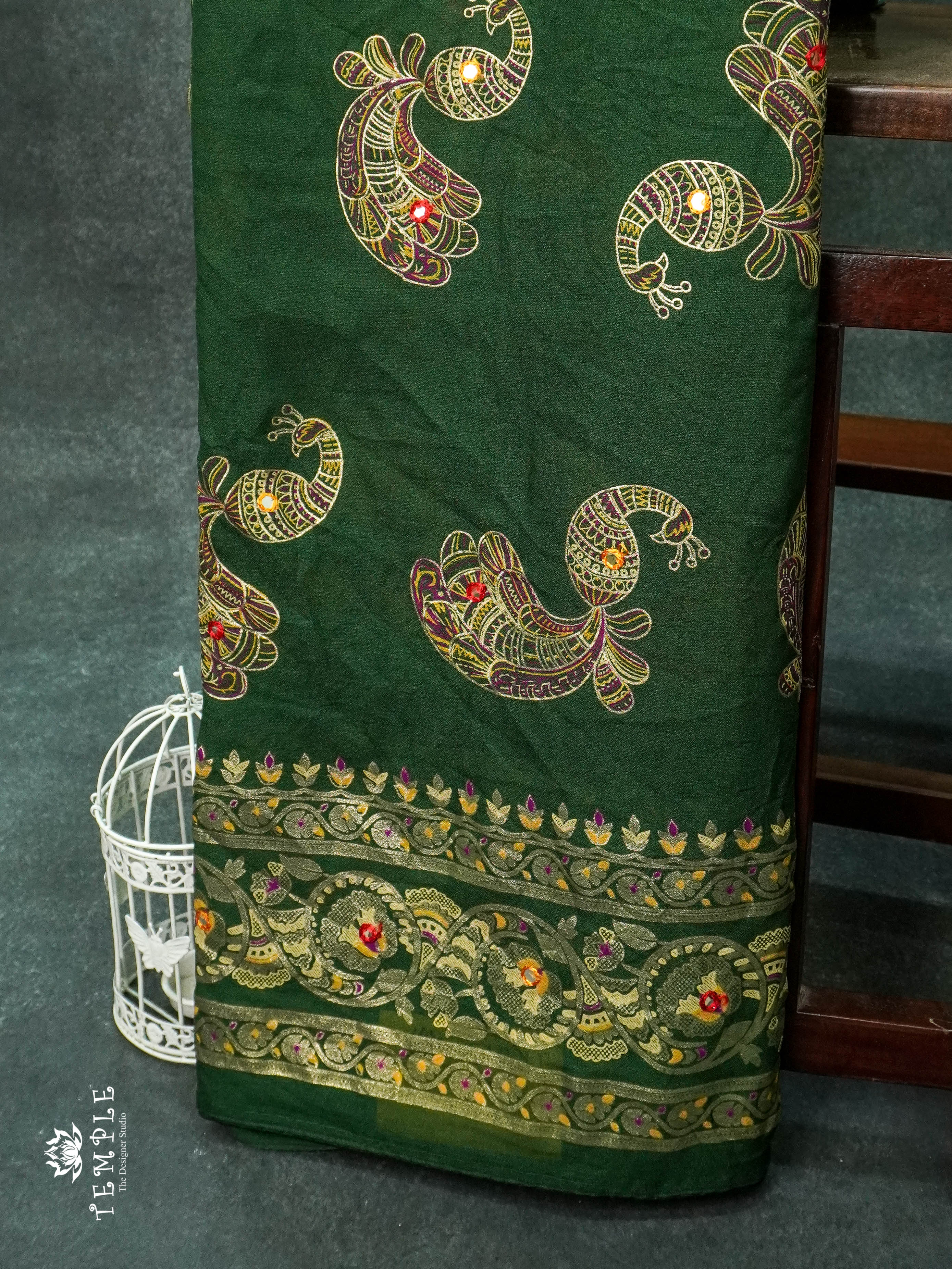 Mirror Work Georgette Saree(Green) | TTDS1133 | Sparkling Deals