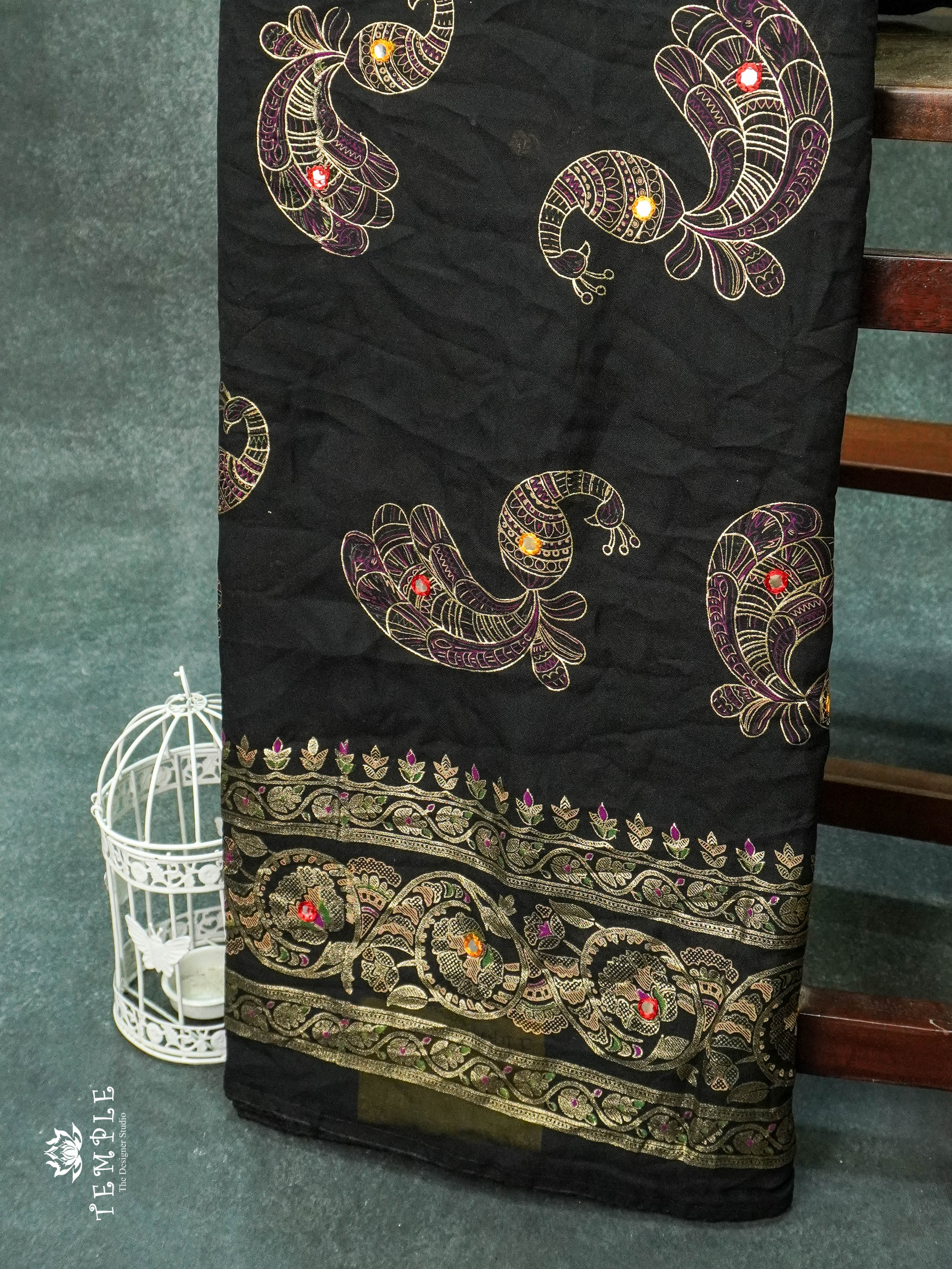 Mirror Work Georgette Saree(Black) | TTDS1133 | Sparkling Deals