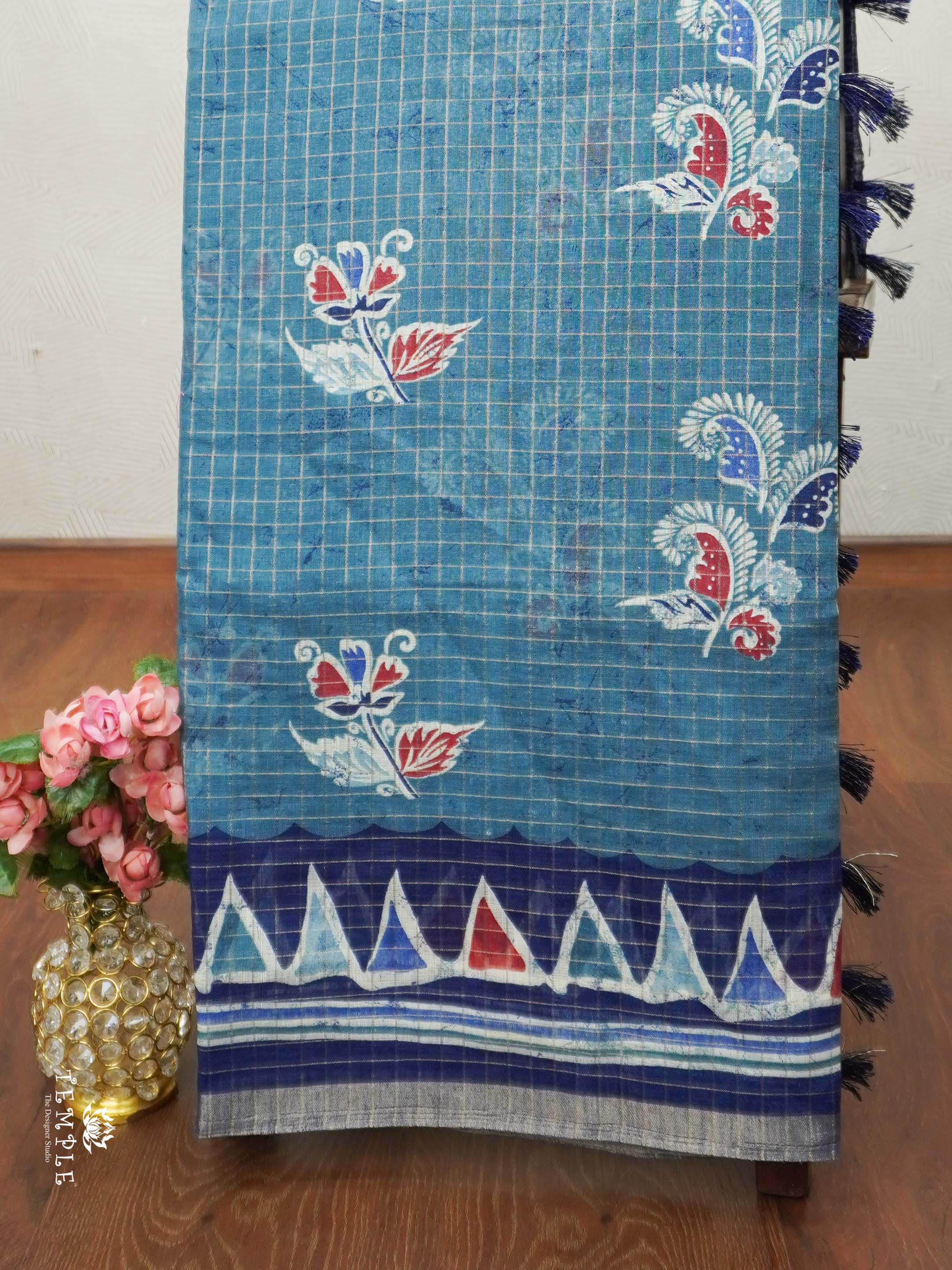 Linen Cotton Saree With Checked Pattern | TTDS2050