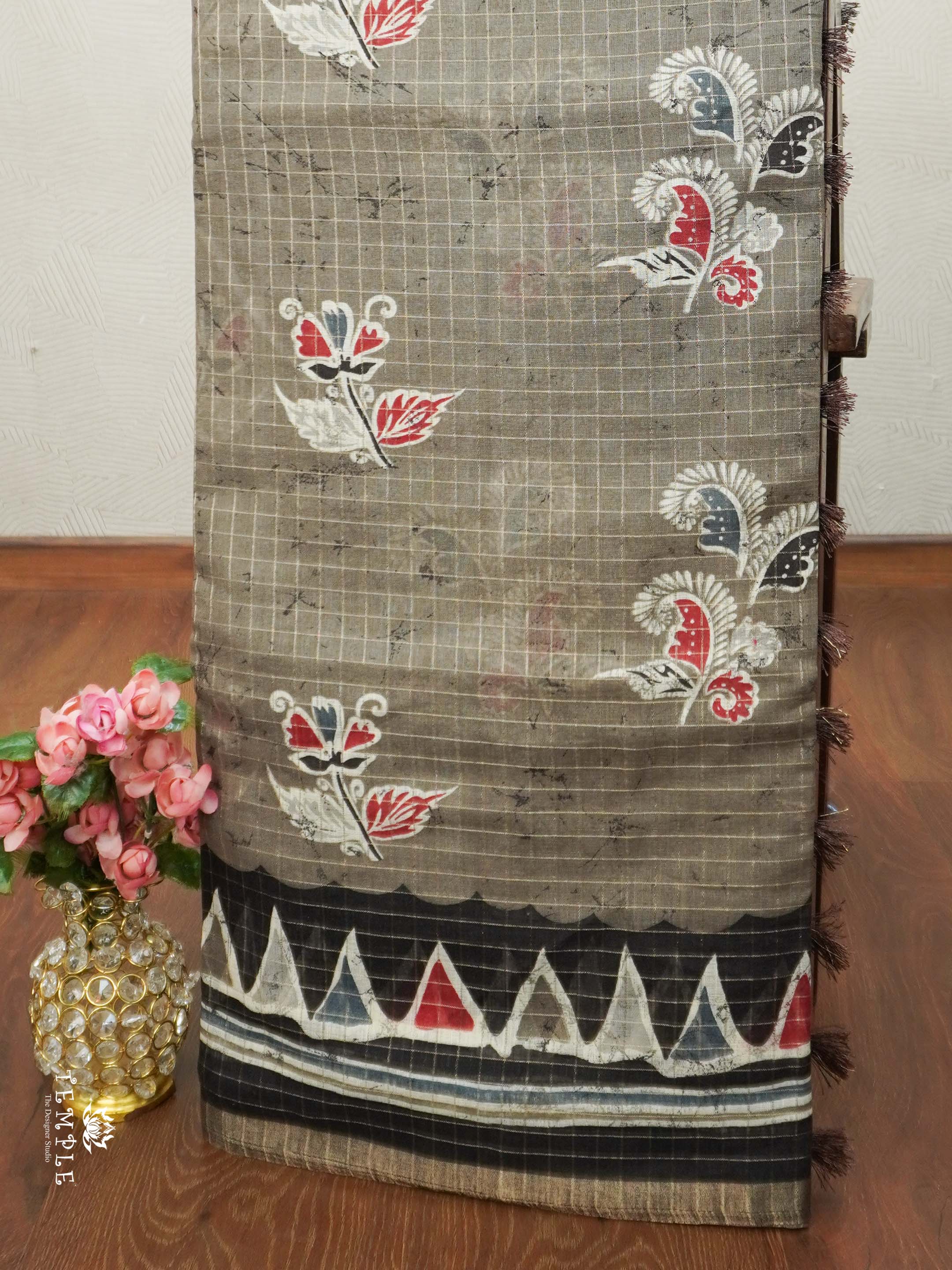 Linen Cotton Saree With Checked Pattern | TTDS2050
