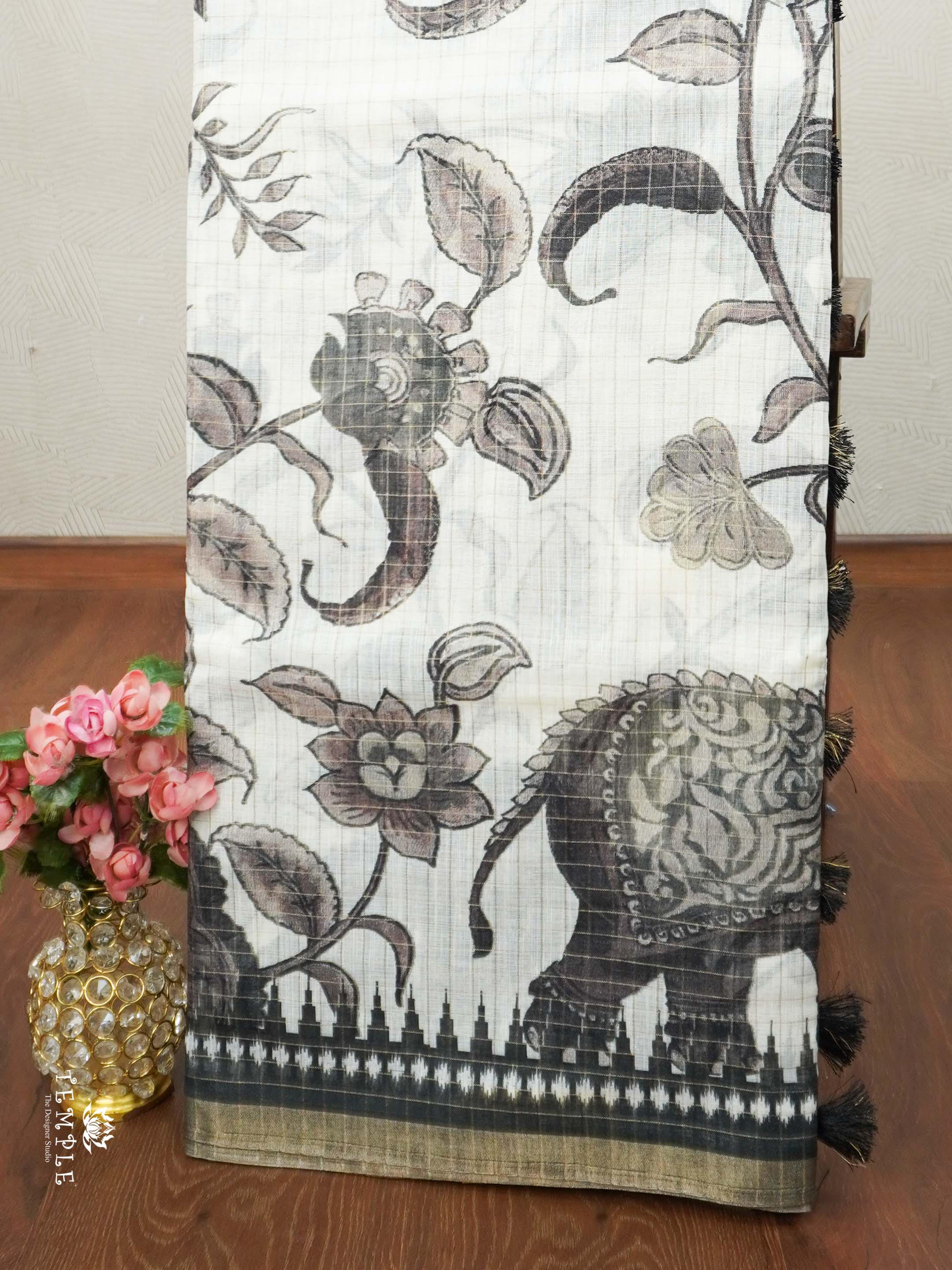 Linen Cotton Saree With Checked Pattern | TTDS2056