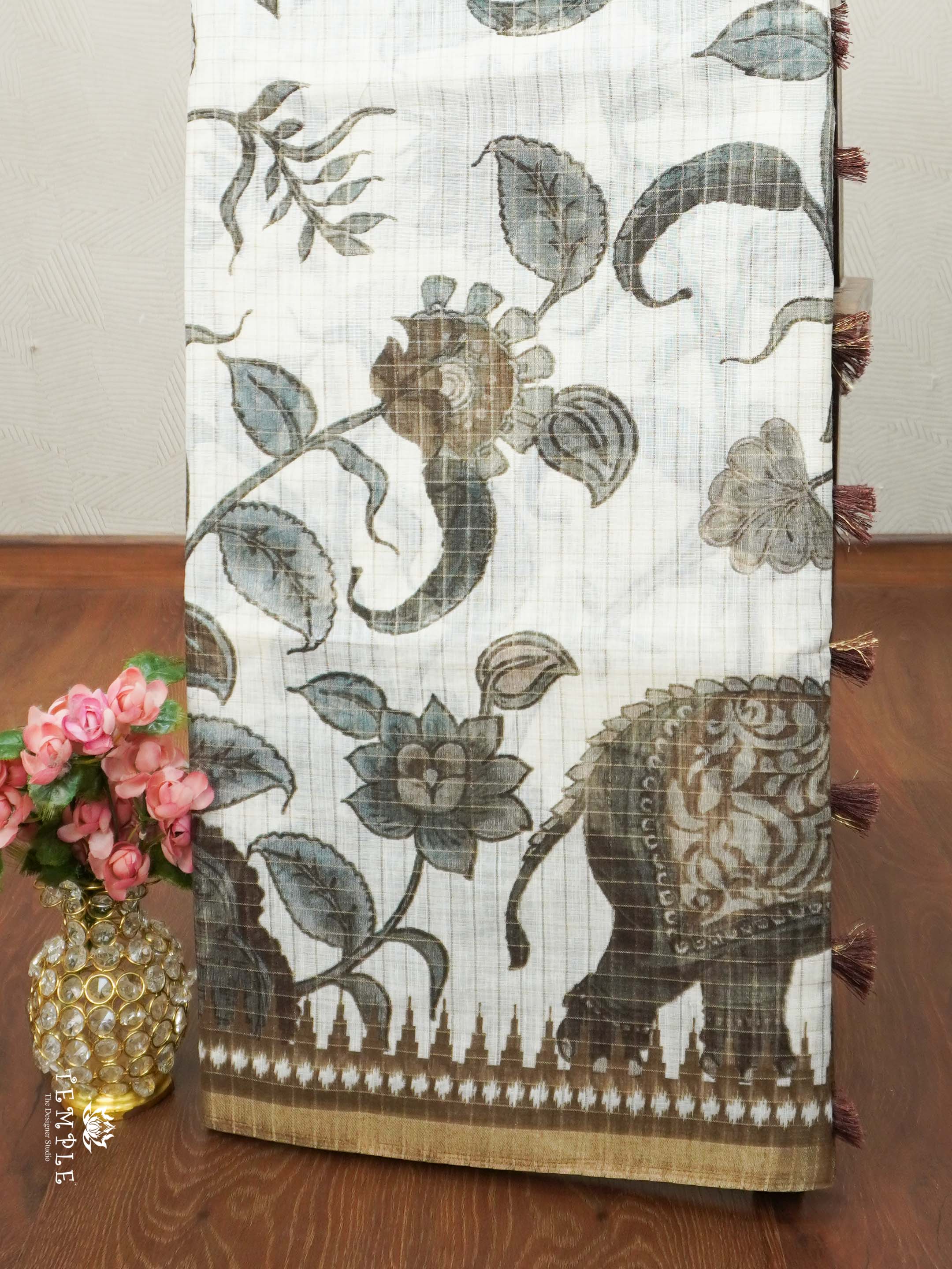 Linen Cotton Saree With Checked Pattern | TTDS2056