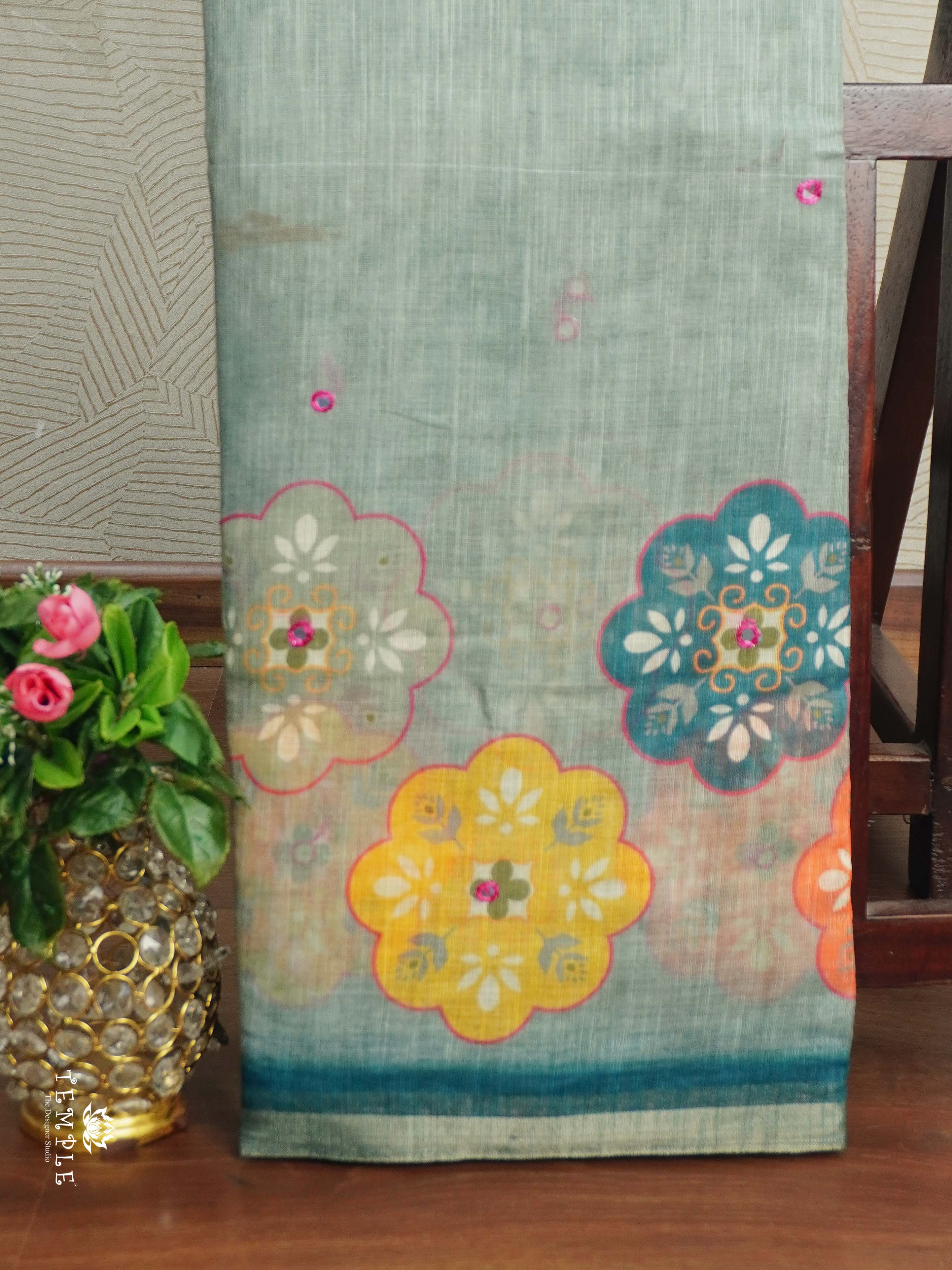 Linen Cotton Saree With Mirror Work | TTDS2524