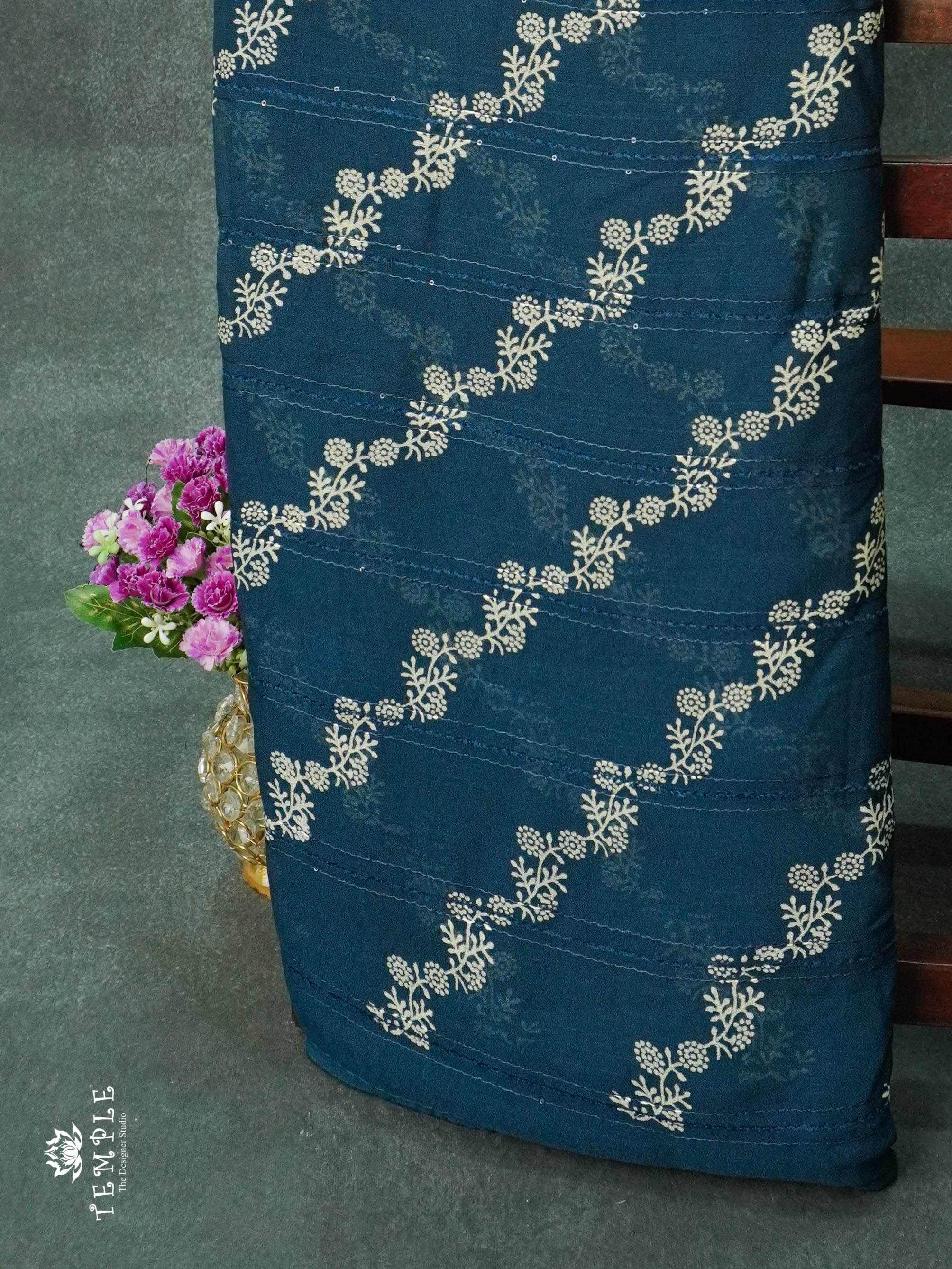 Georgette Saree With Tiny Floral Print(Teal Blue) | TTDS1151