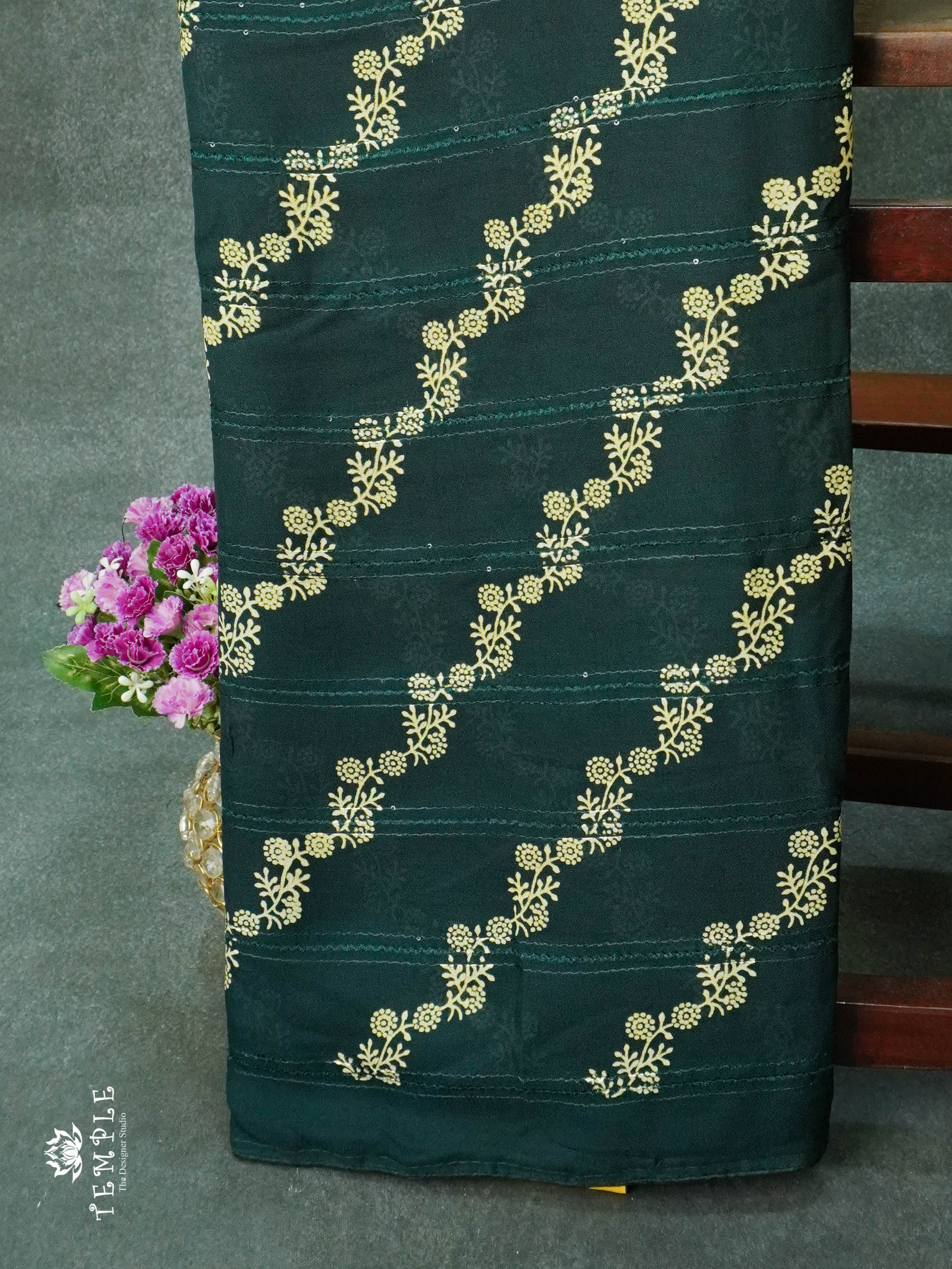 Georgette Saree With Tiny Floral Print(Bottle Green) | TTDS1151