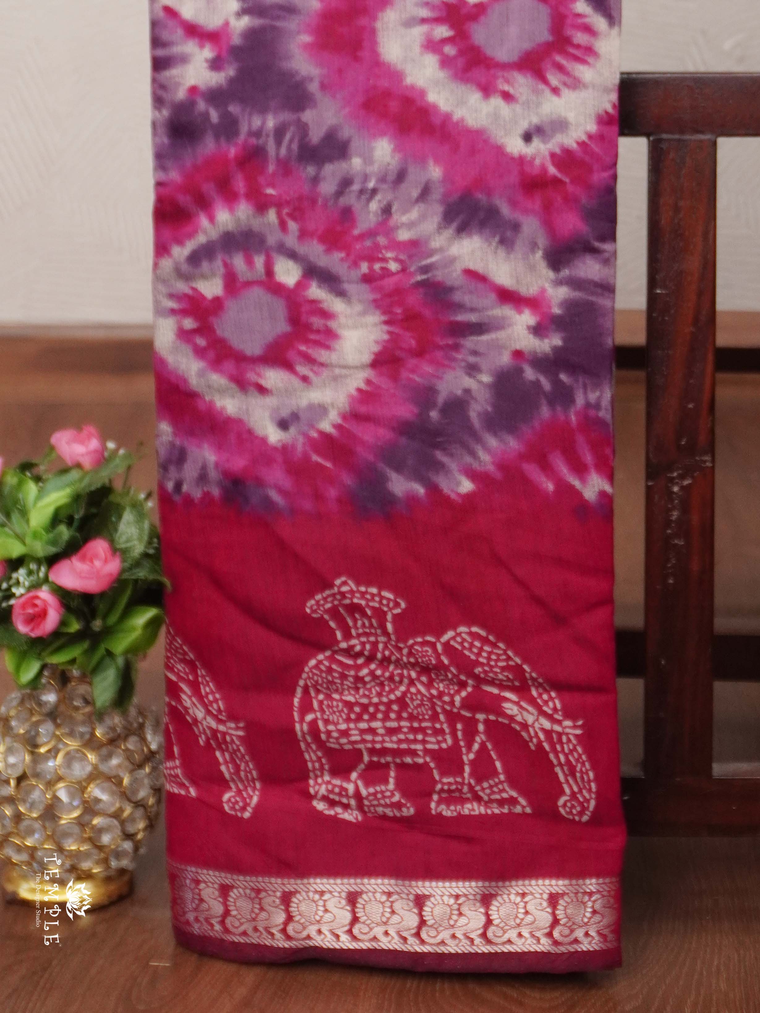 Mangalagiri Cotton Saree With Bandhani Elephant Motif  | TTDS2544