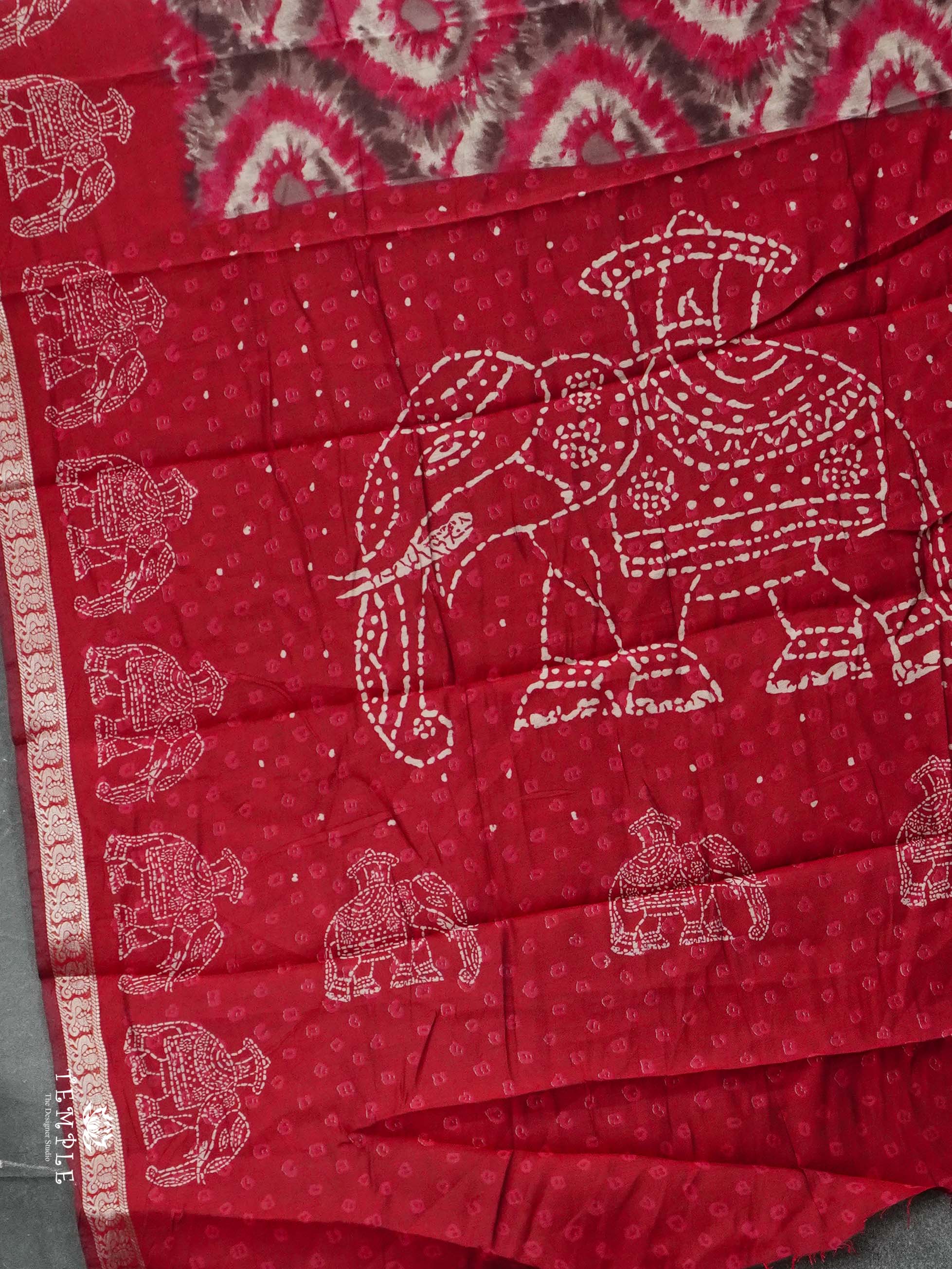 Mangalagiri Cotton Saree With Bandhani Elephant Motif  | TTDS2544
