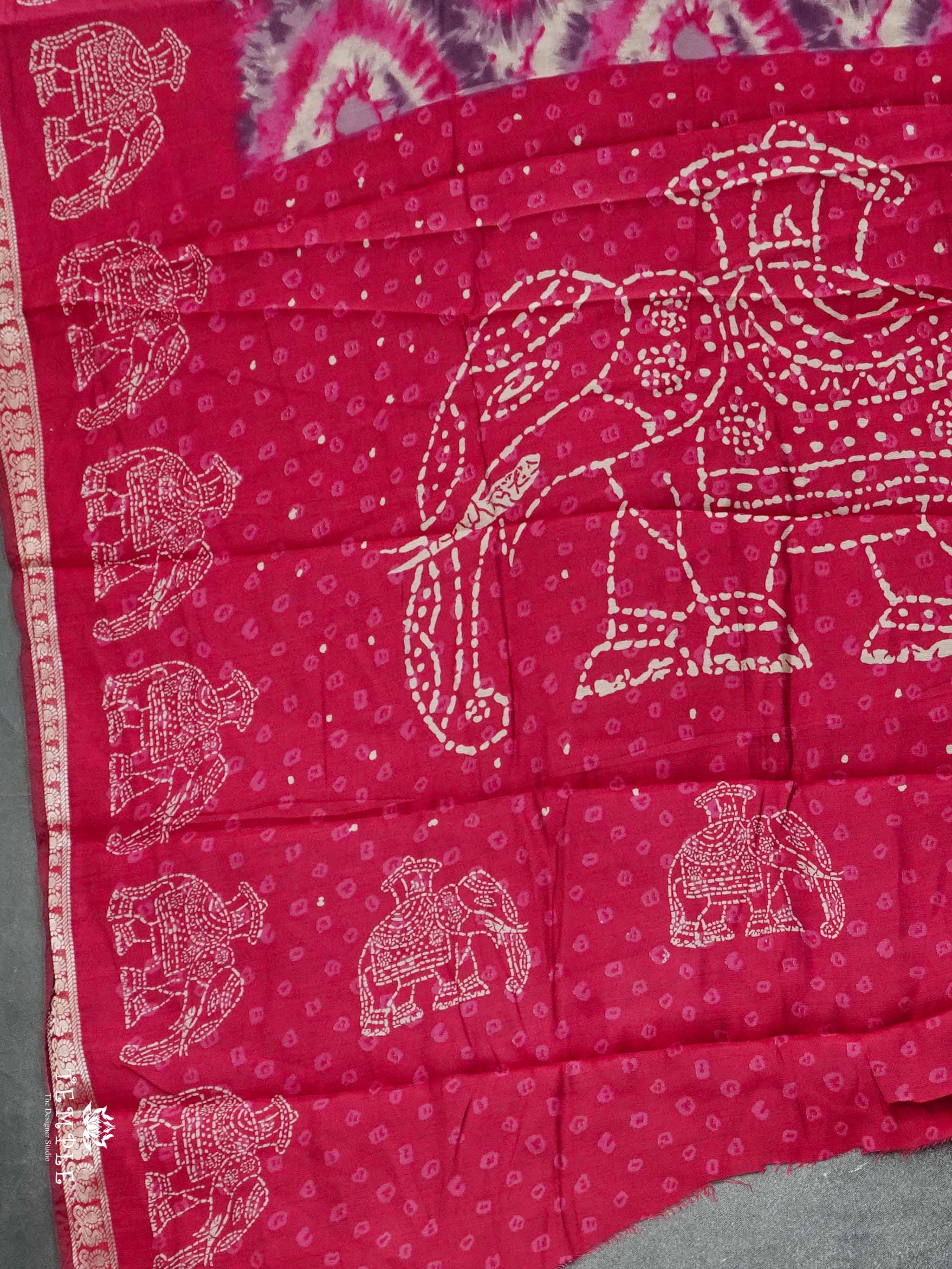 Mangalagiri Cotton Saree With Bandhani Elephant Motif  | TTDS2544