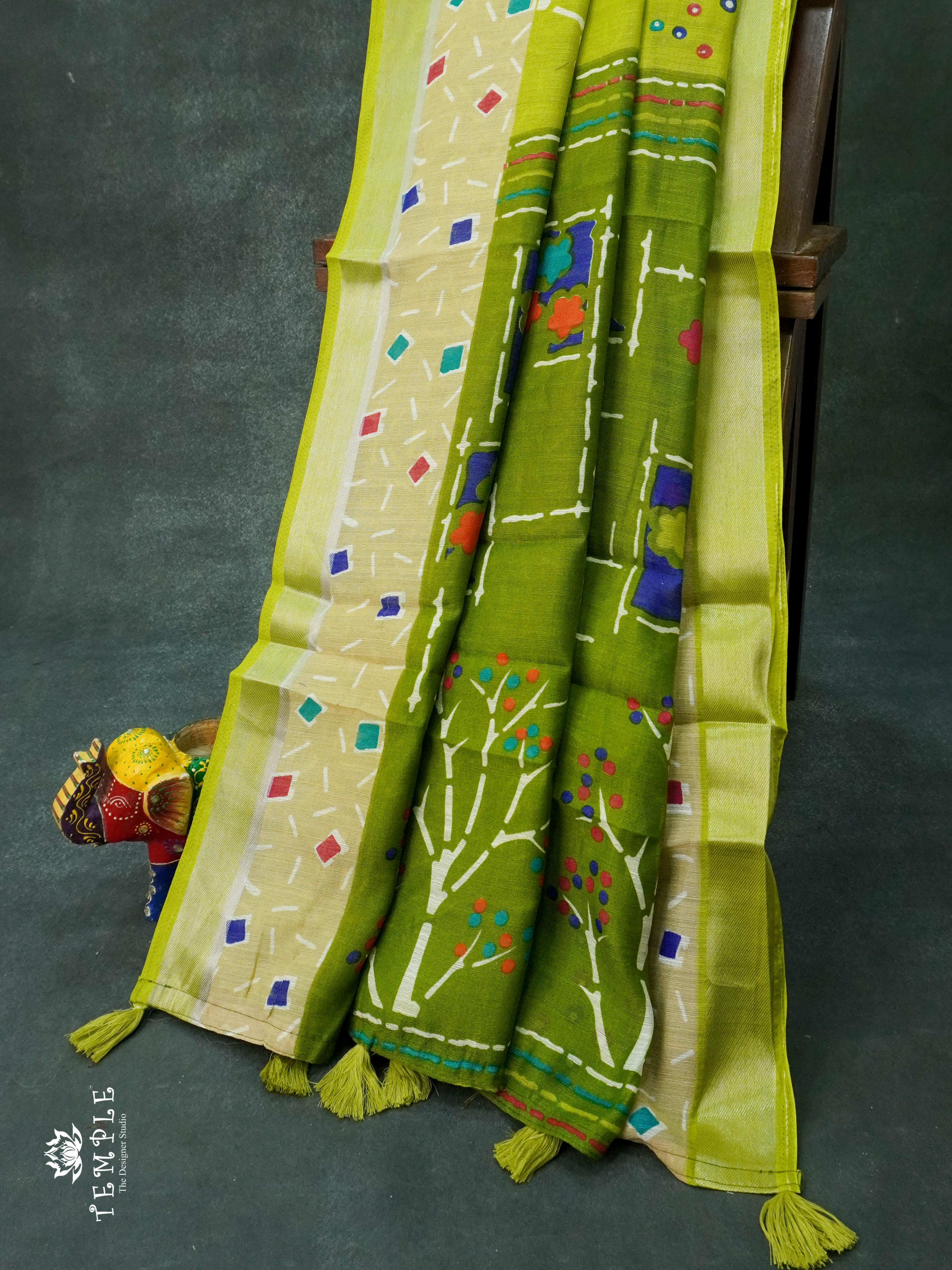 Linen Cotton Saree(Neon Green) | TTDS1149