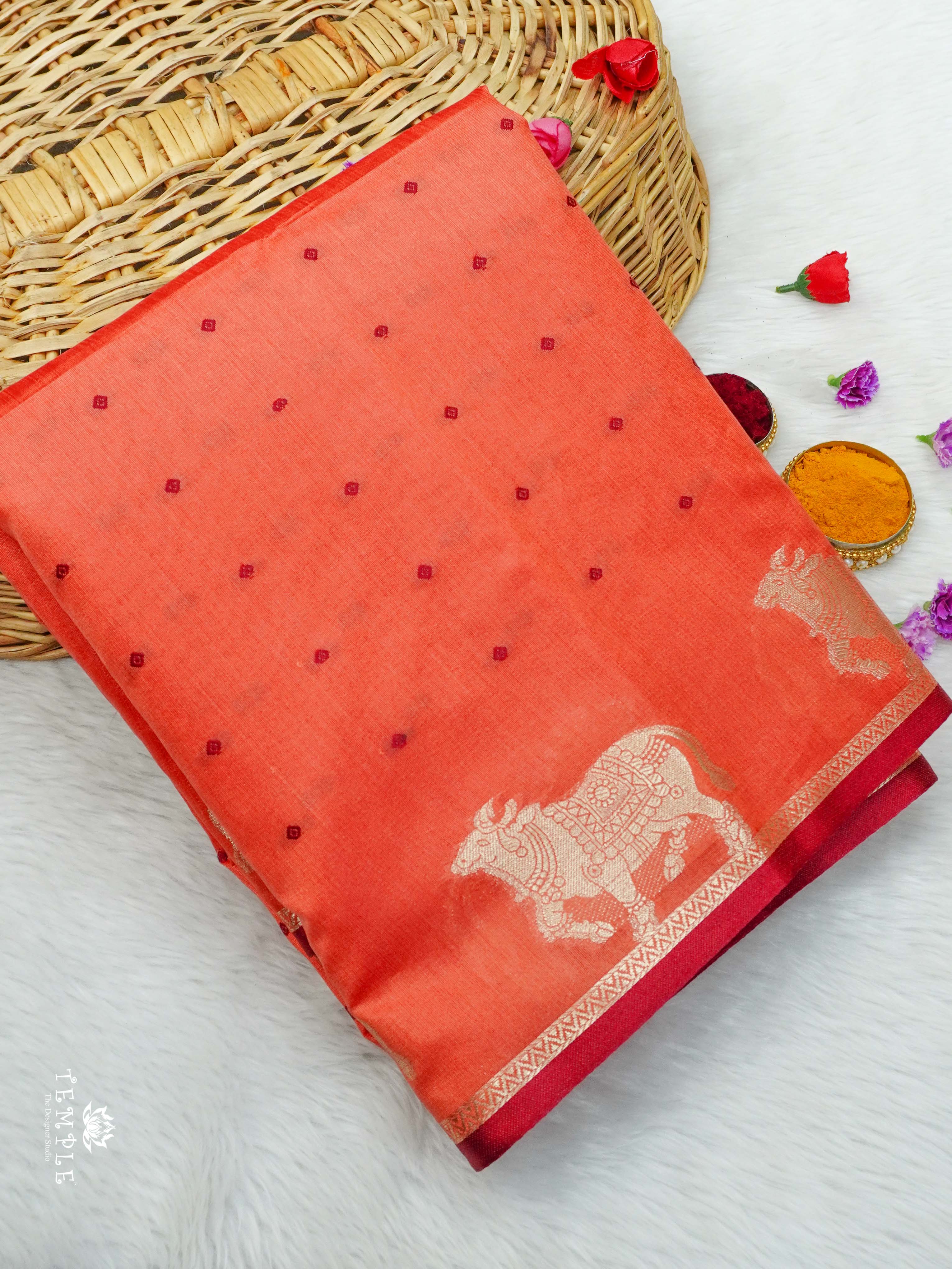 Raw Silk Saree With Kamadhenu Motifs  | TTDS2096