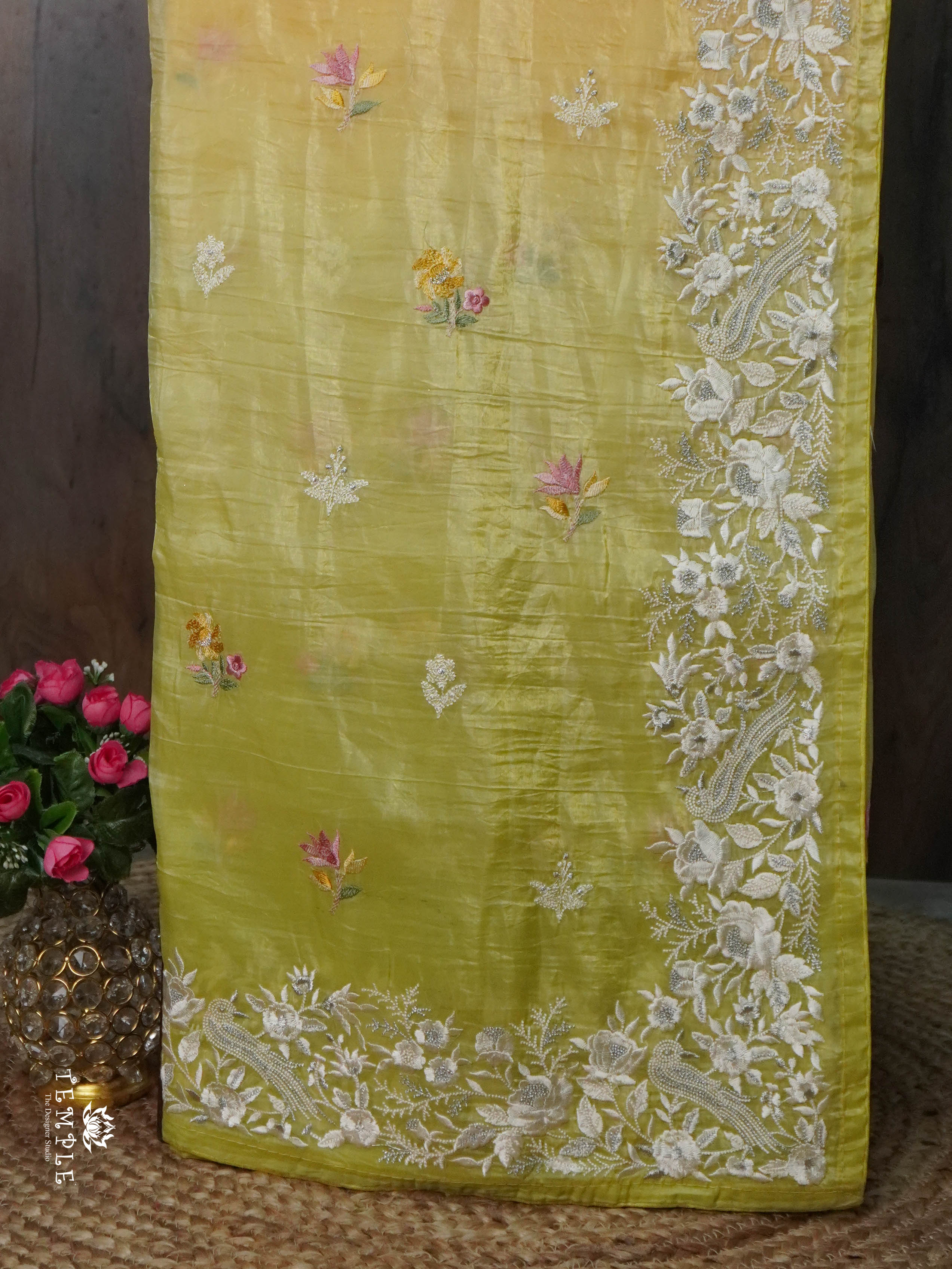 Cocktail Saree With Embroidery Work (Lime yellow) | TTDS1582 | Pongal Fest