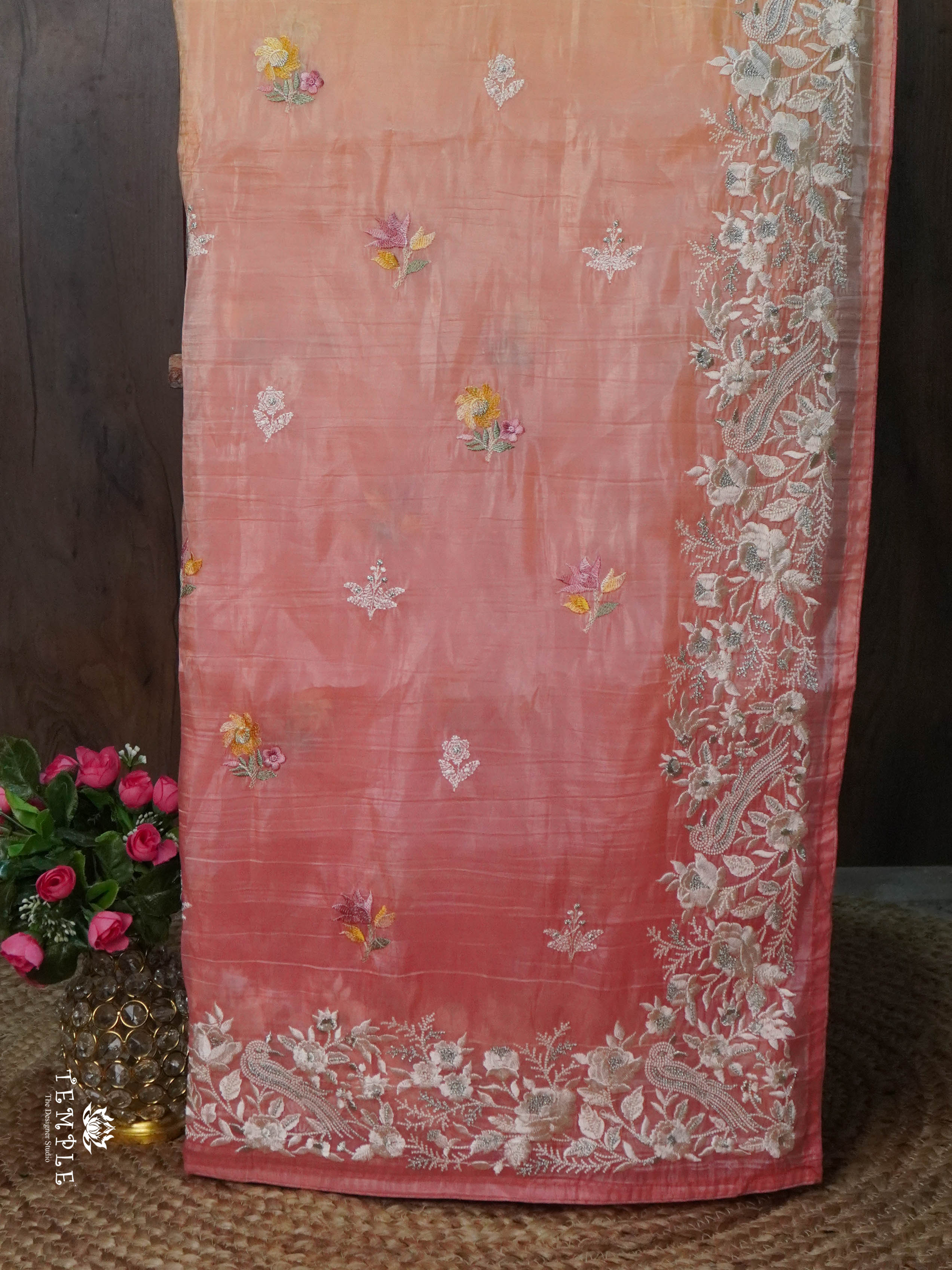 Cocktail Saree With Embroidery Work (Peach) | TTDS1582 | Pongal Fest