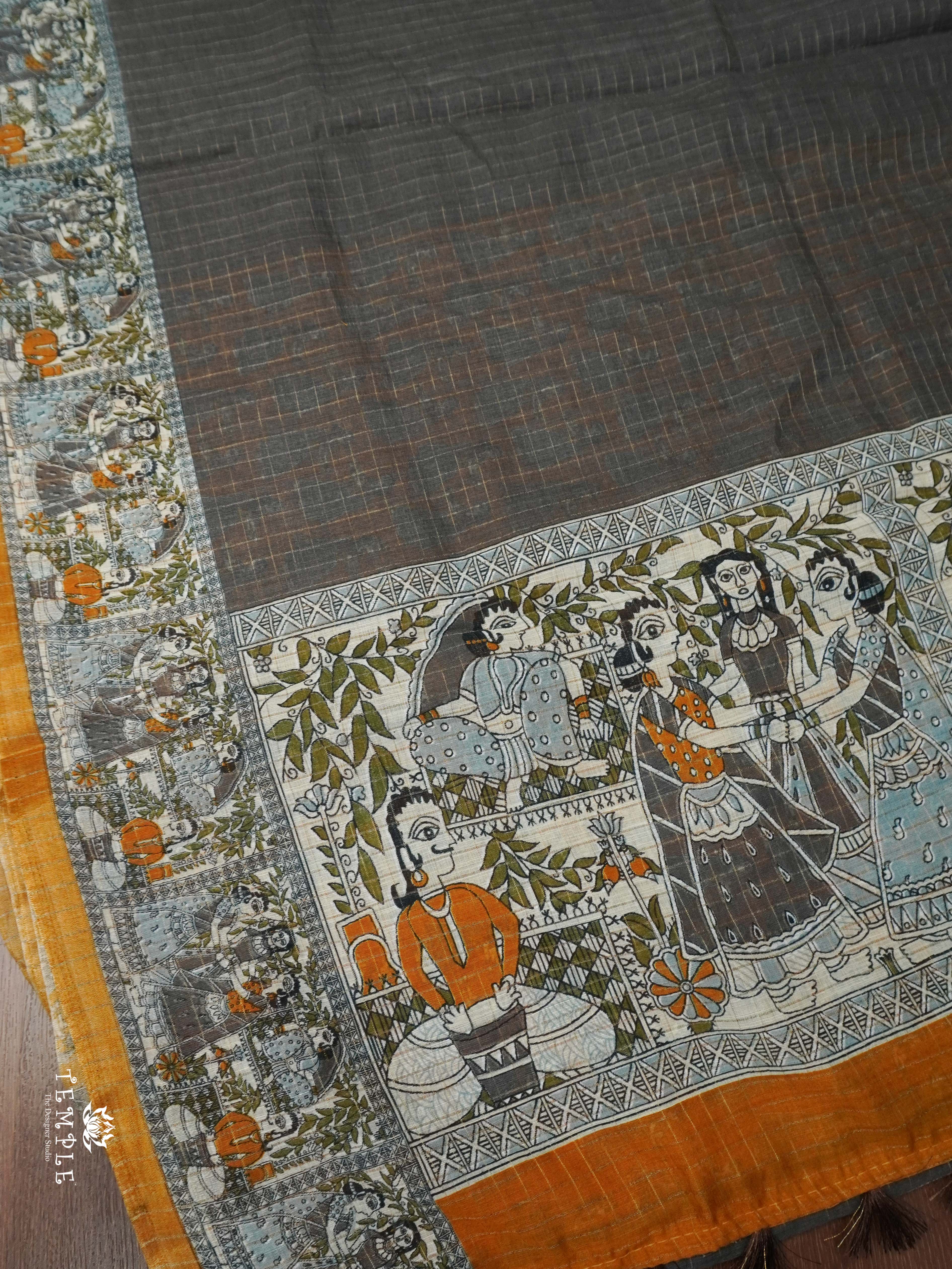 Linen Cotton Saree With Madhubani Prints | TTDS1921