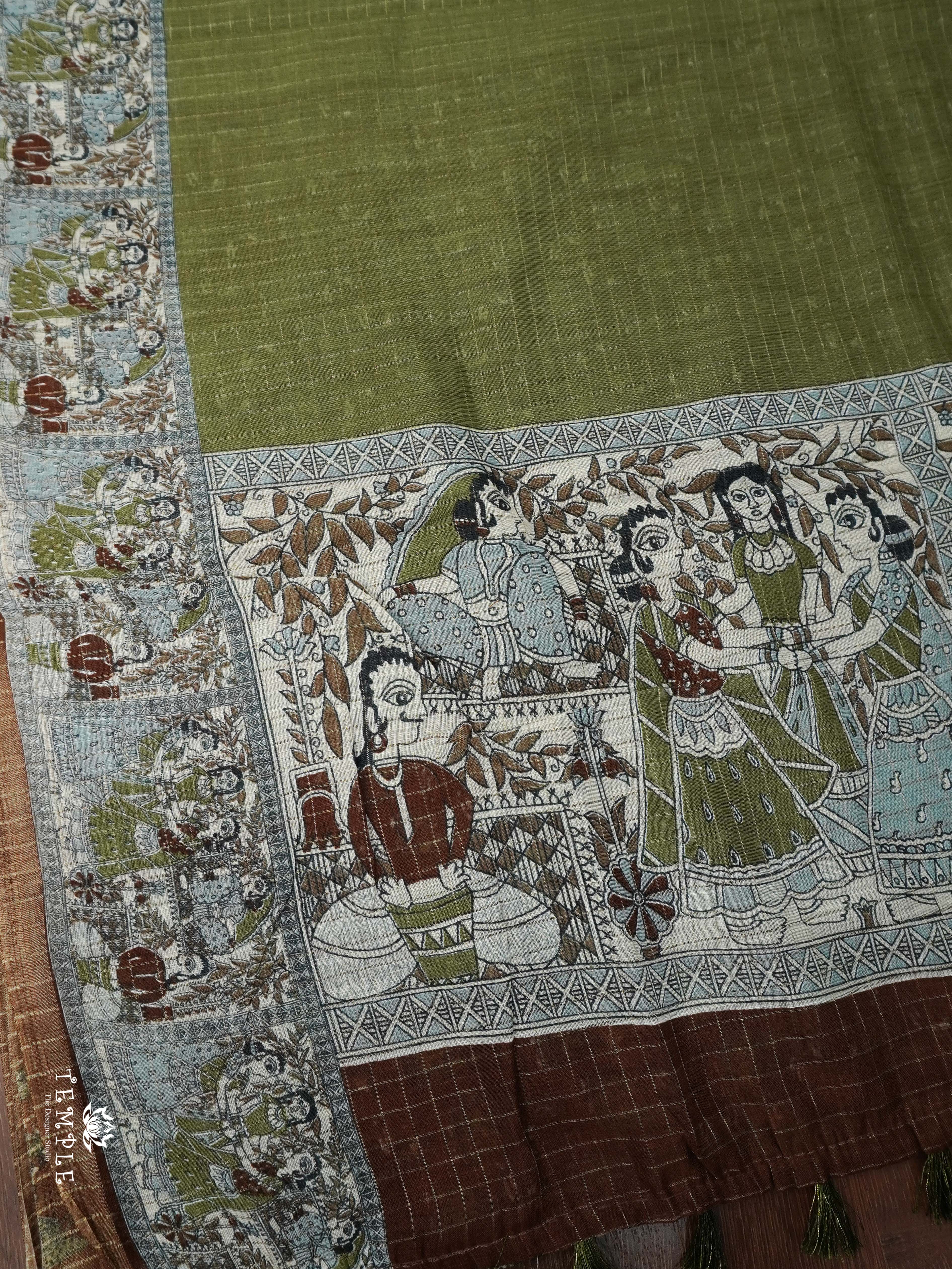 Linen Cotton Saree With Madhubani Prints | TTDS1921