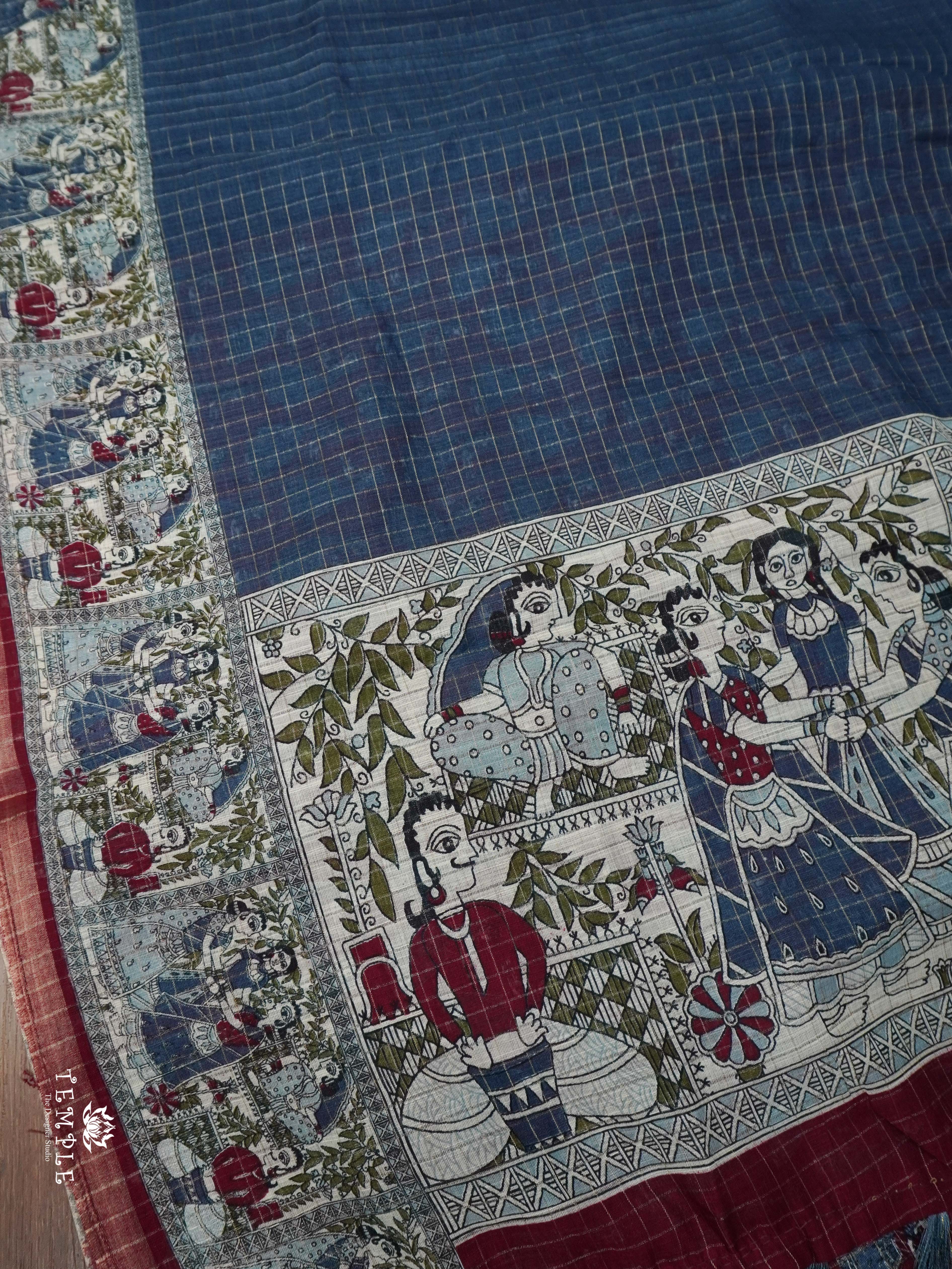 Linen Cotton Saree With Madhubani Prints | TTDS1921