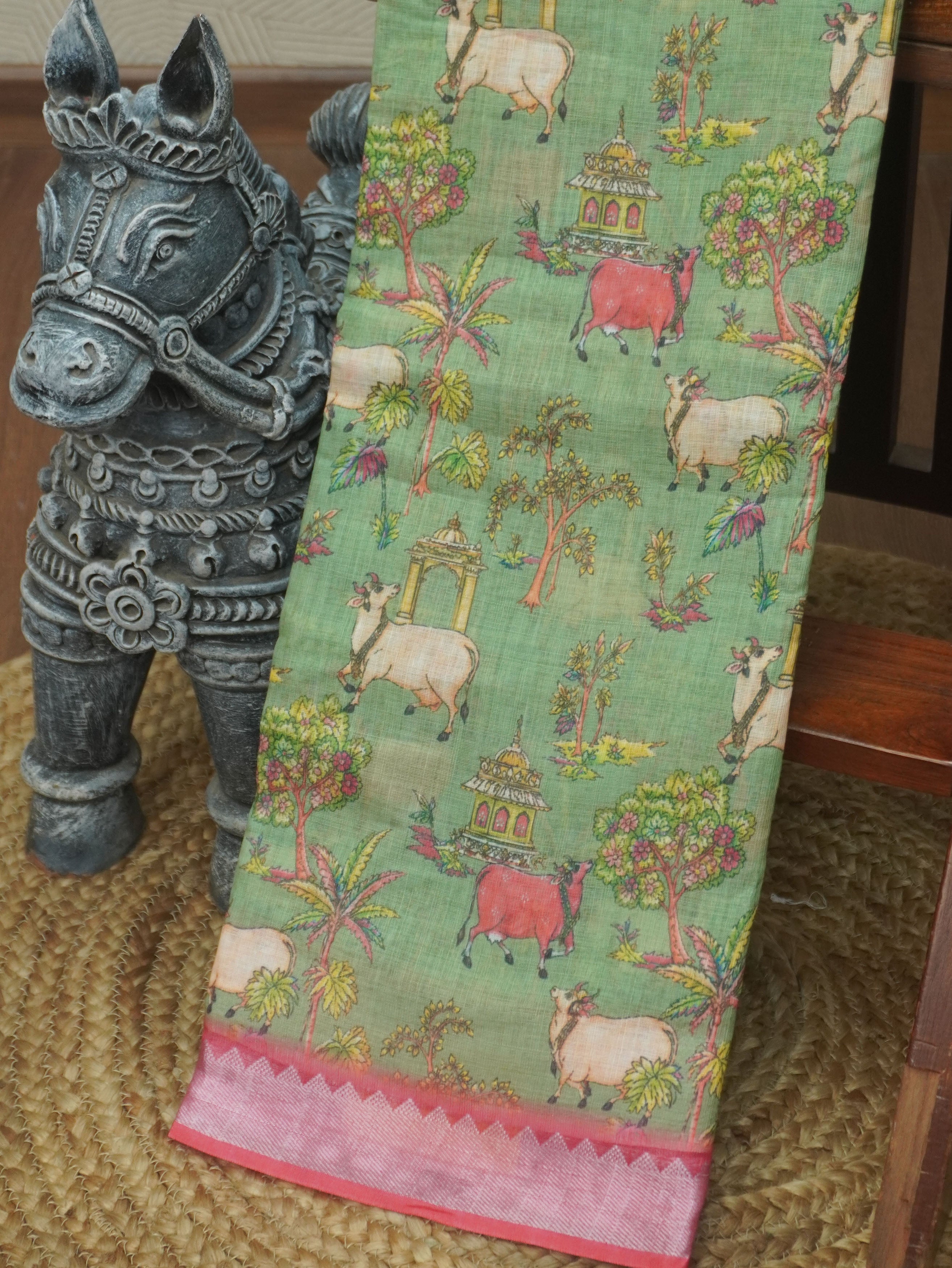 Pichwai Printed Linen Cotton Saree | TTDS3522