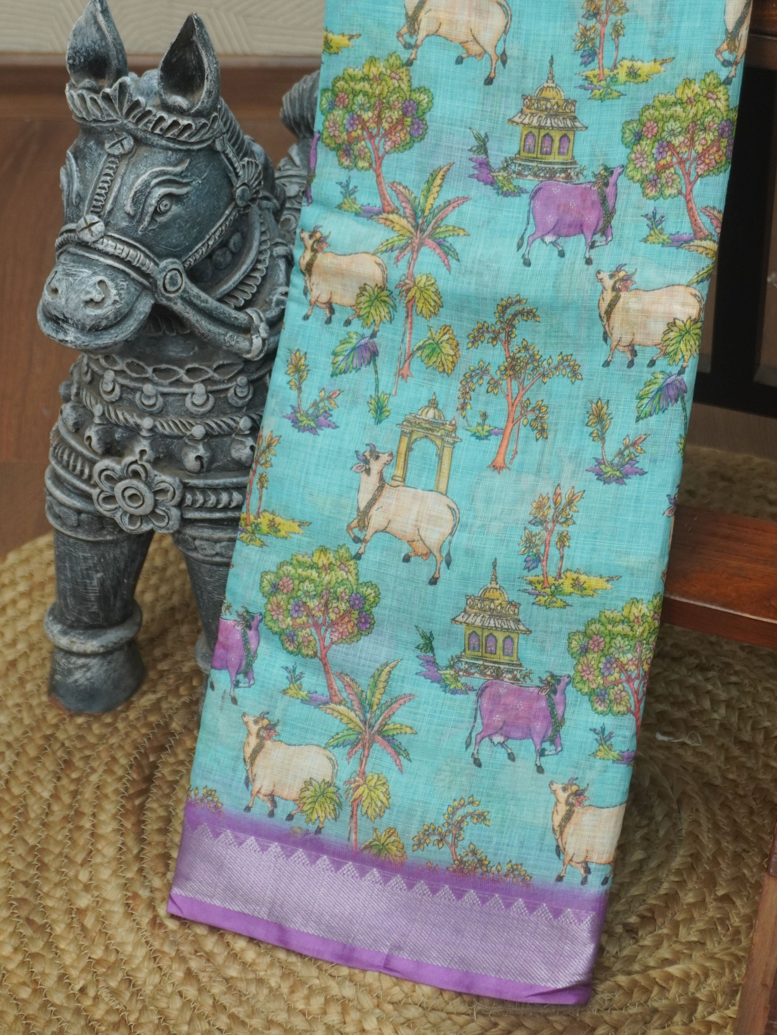 Pichwai Printed Linen Cotton Saree | TTDS3522