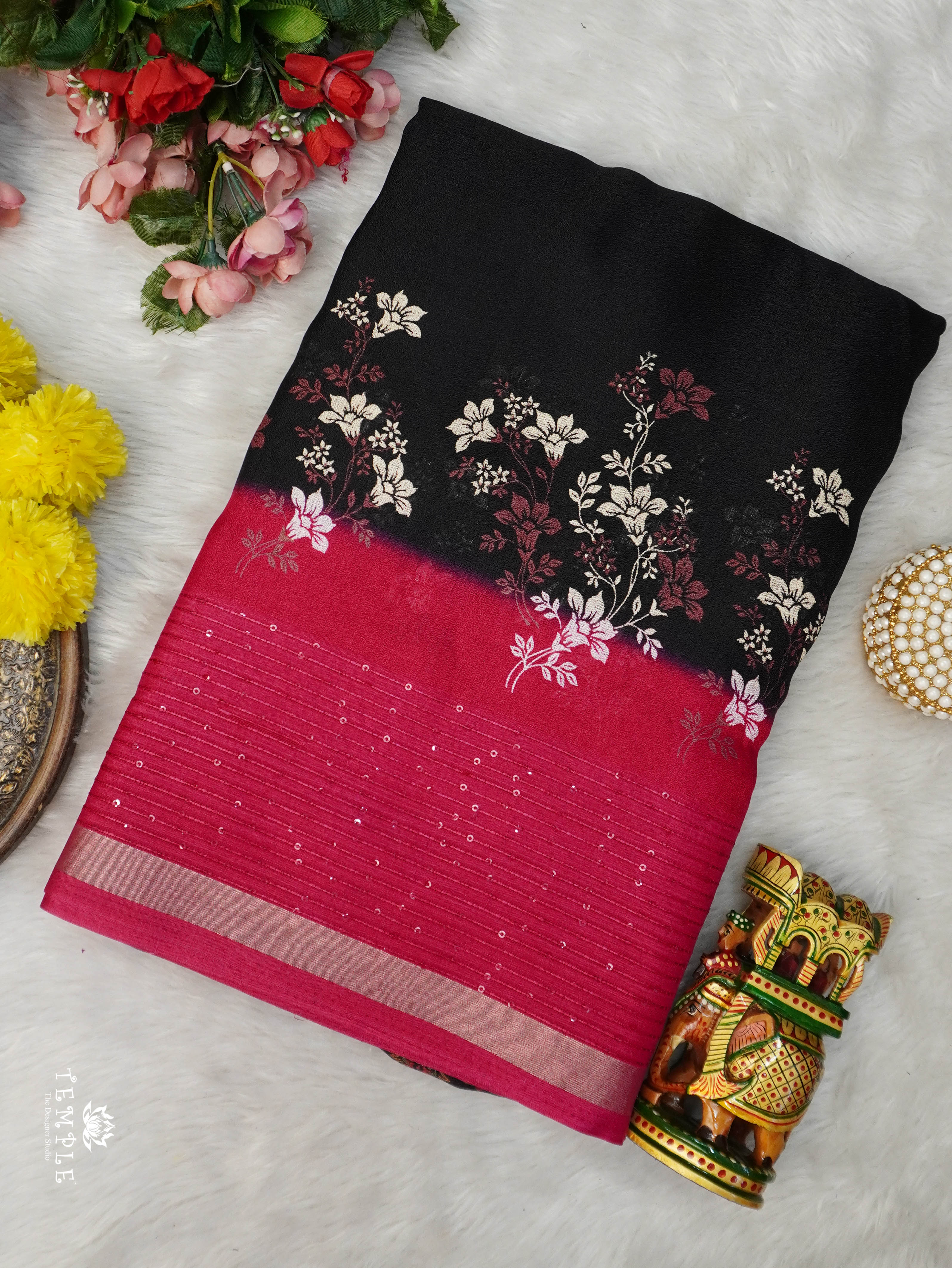 Printed Fancy Saree(Black) | TTDS3075