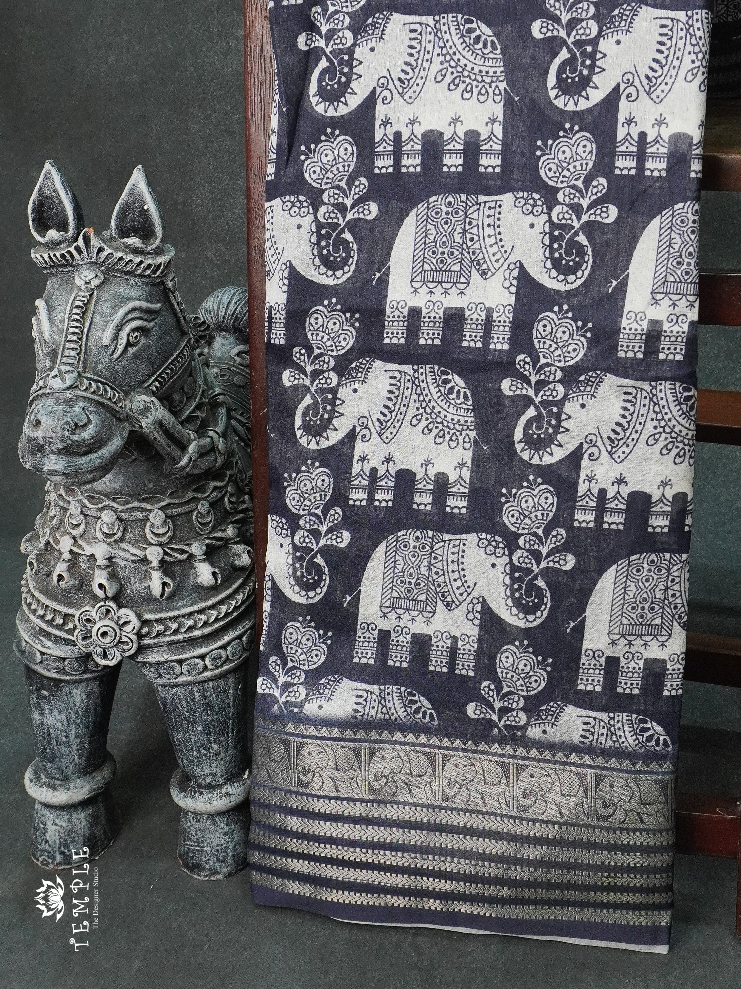 Dola Saree With Elephant Prints(Navy Blue) | TTDS1258 | Sparkling Deals