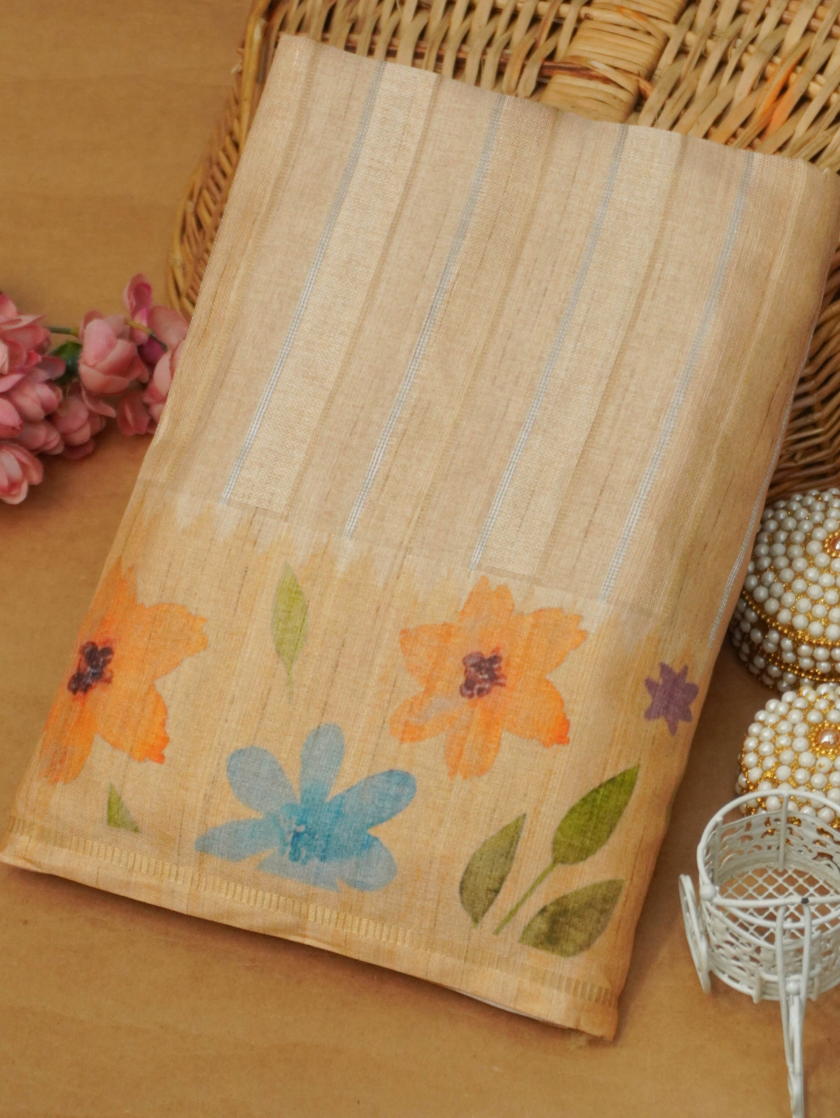 Handloom Printed Tussar Silk Saree | TTDS3564