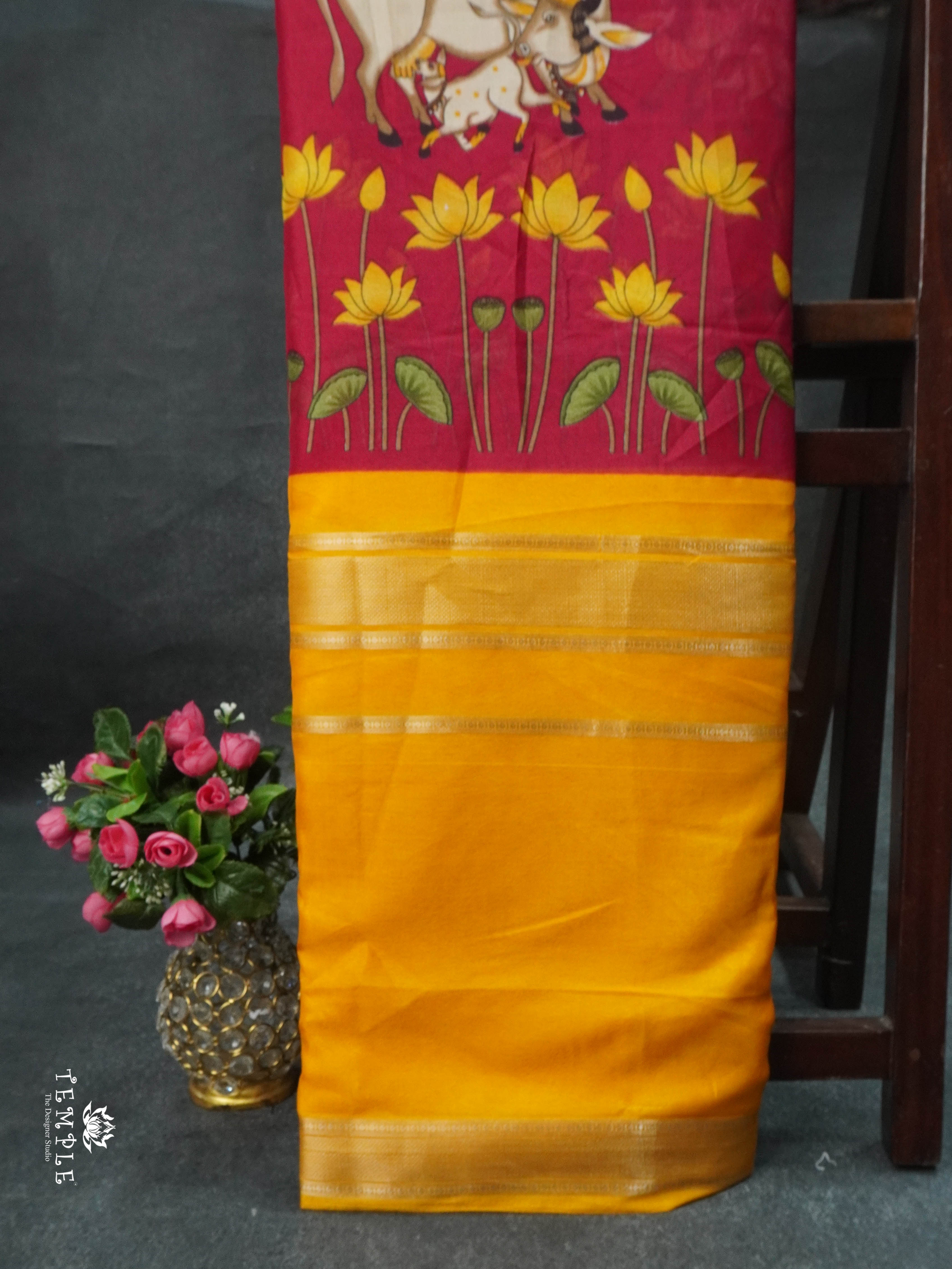 Semi Mysore Crepe Saree (Kamadhenu Printed) | TTDS1728