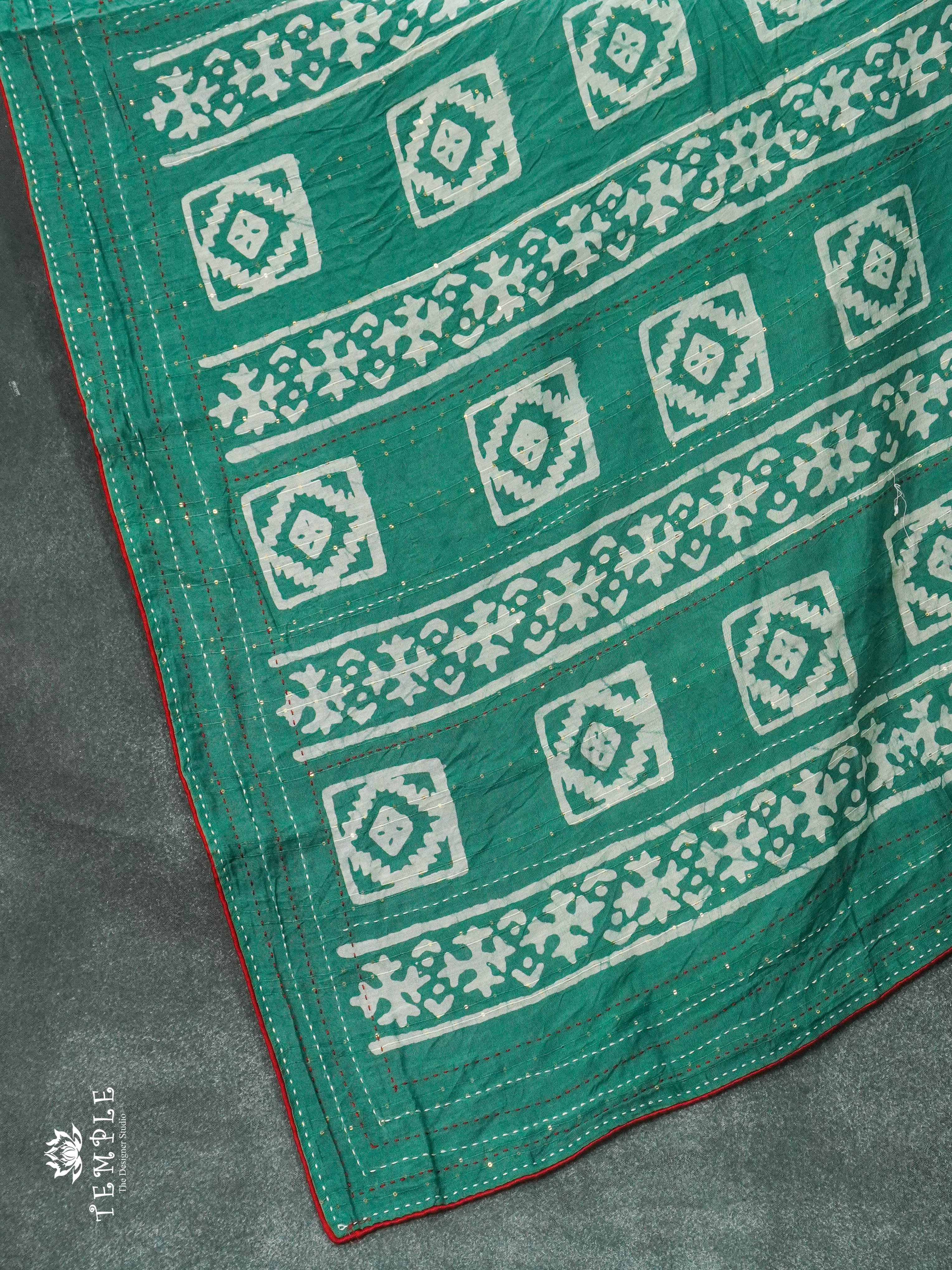 Batik Printed Saree With Kantha Work(Green) | TTDS1306