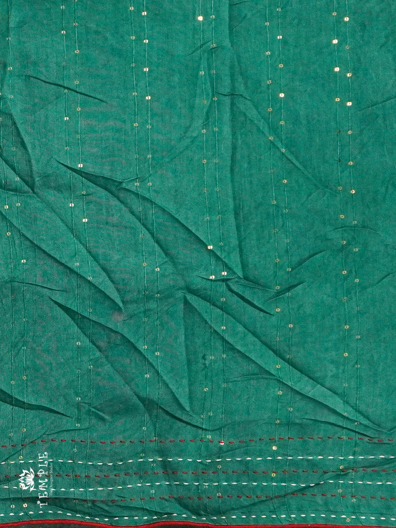 Batik Printed Saree With Kantha Work(Green) | TTDS1306