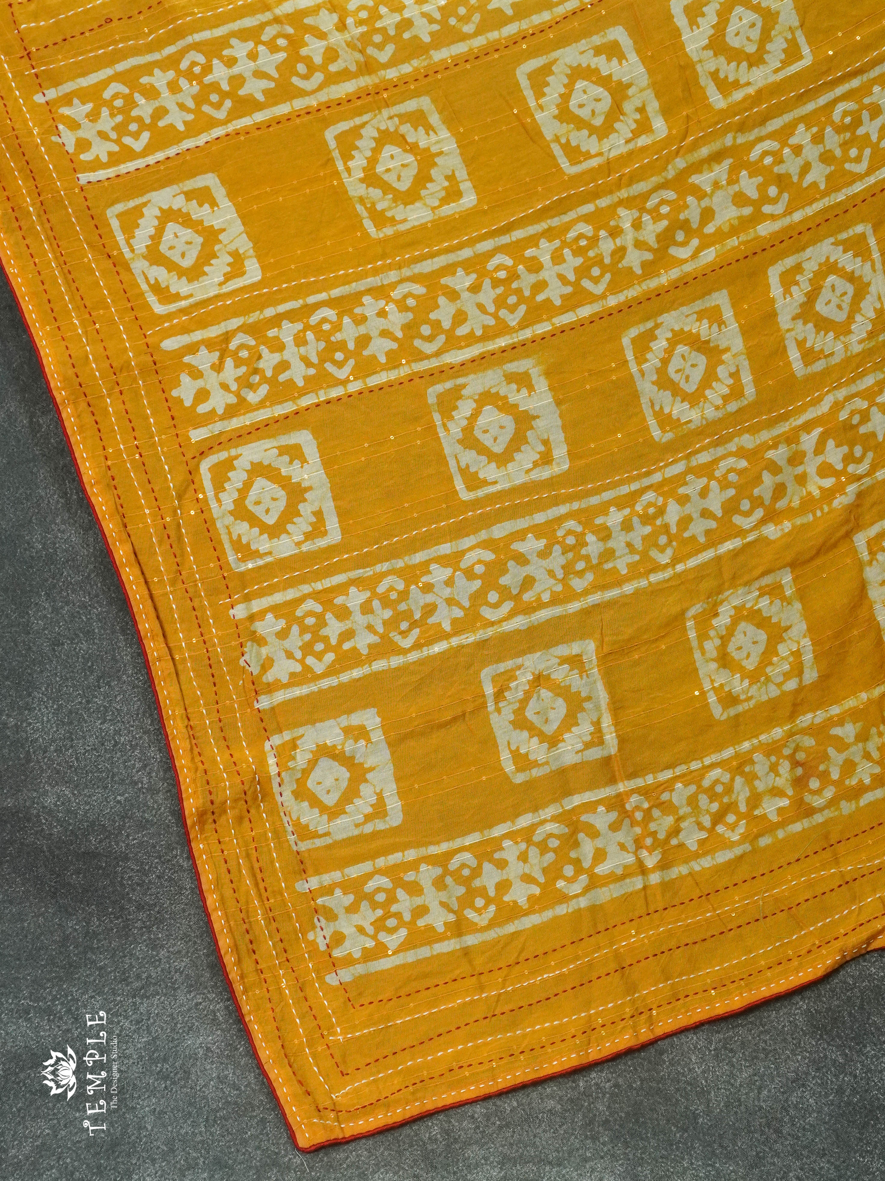 Batik Printed Saree With Kantha Work(Yellow) | TTDS1306