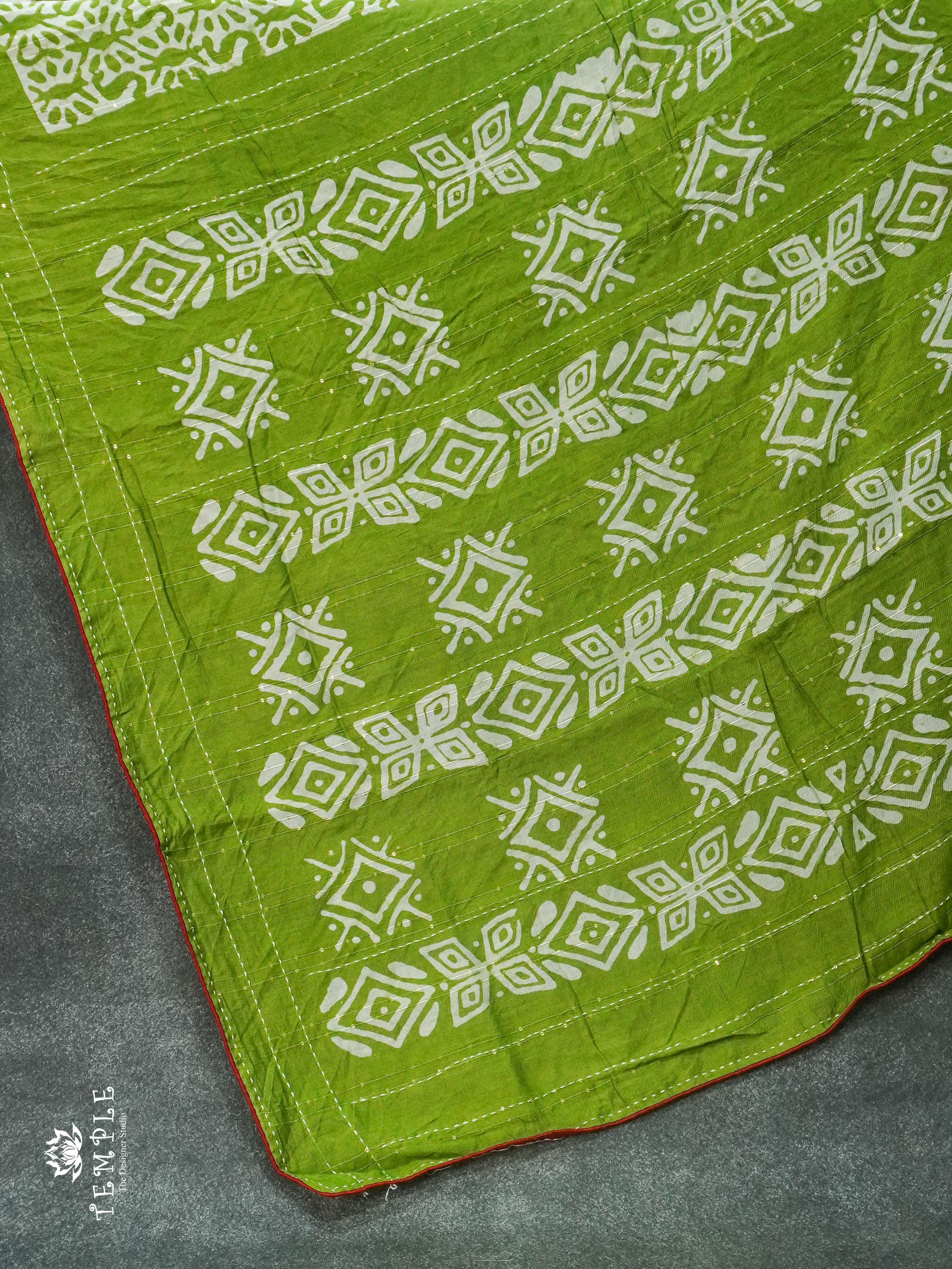 Batik Printed Saree With Kantha Work(Parrot Green) | TTDS1306