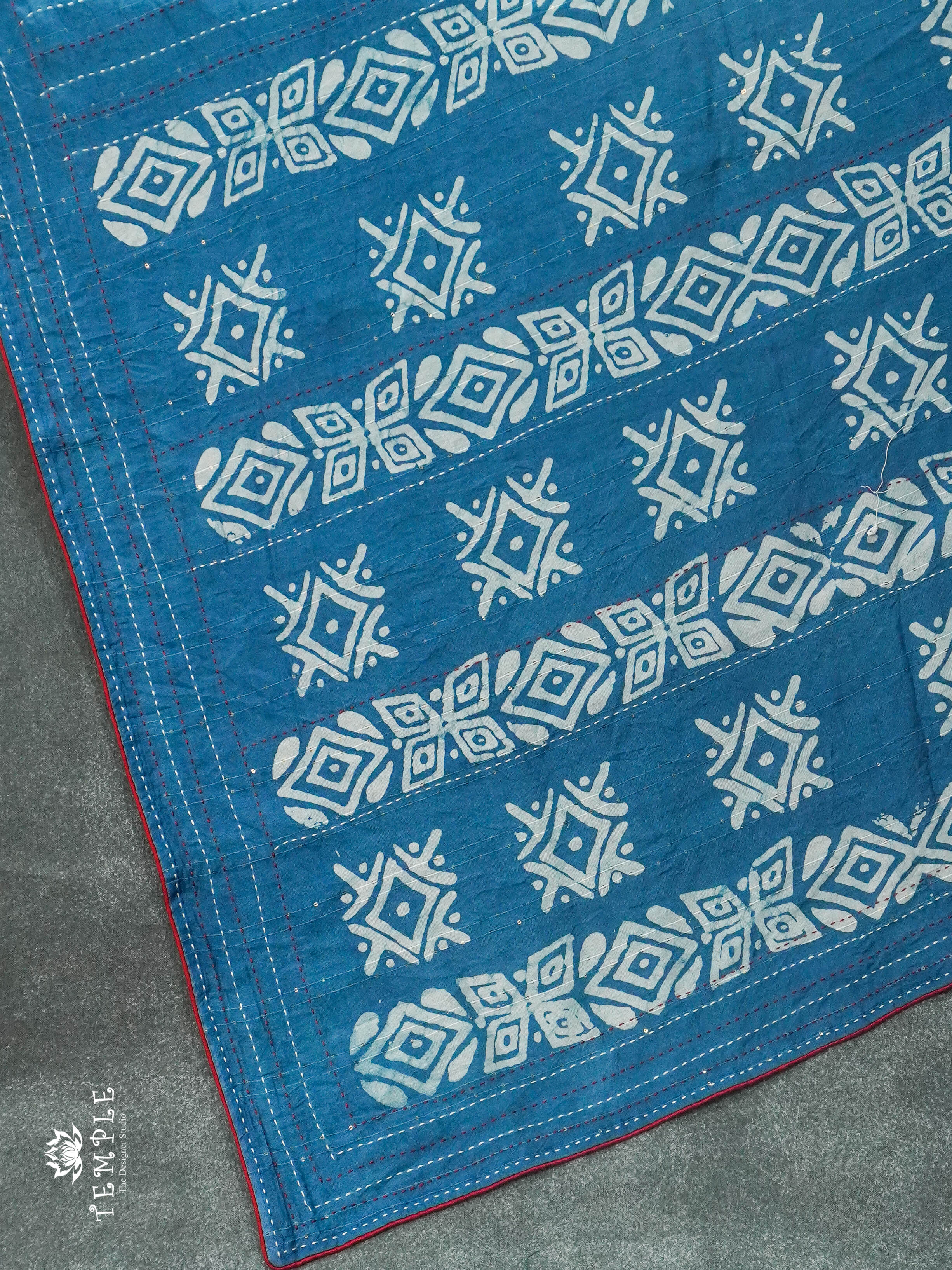 Batik Printed Saree With Kantha Work(Teal Blue) | TTDS1306