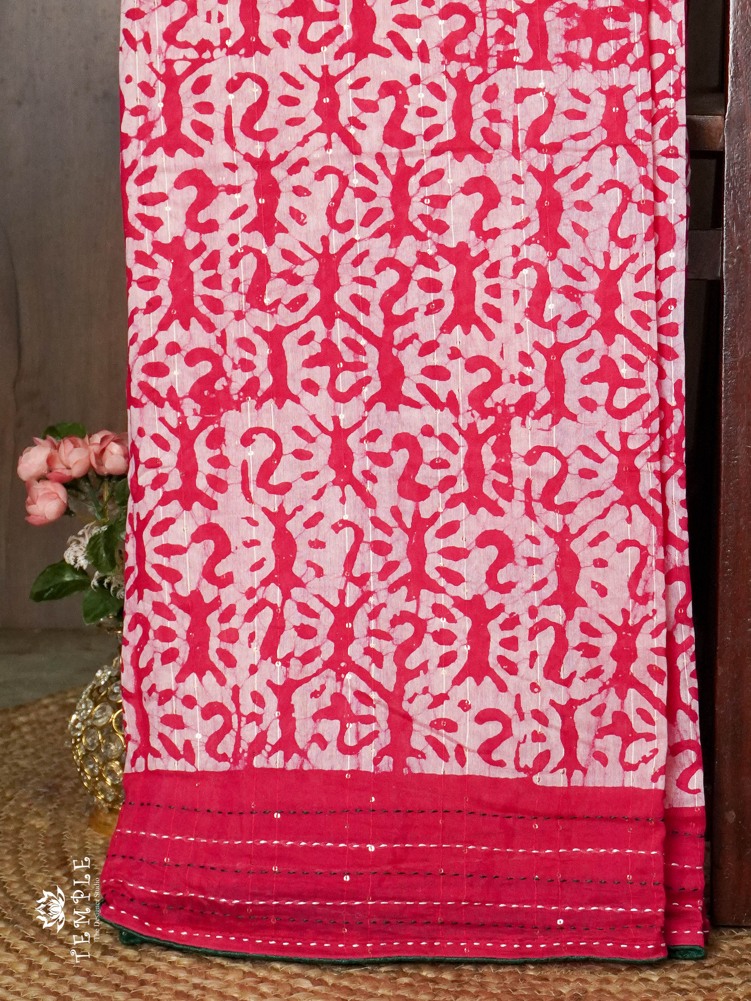 Batik Printed Saree With Kantha Work(Rani Pink)) | TTDS1331