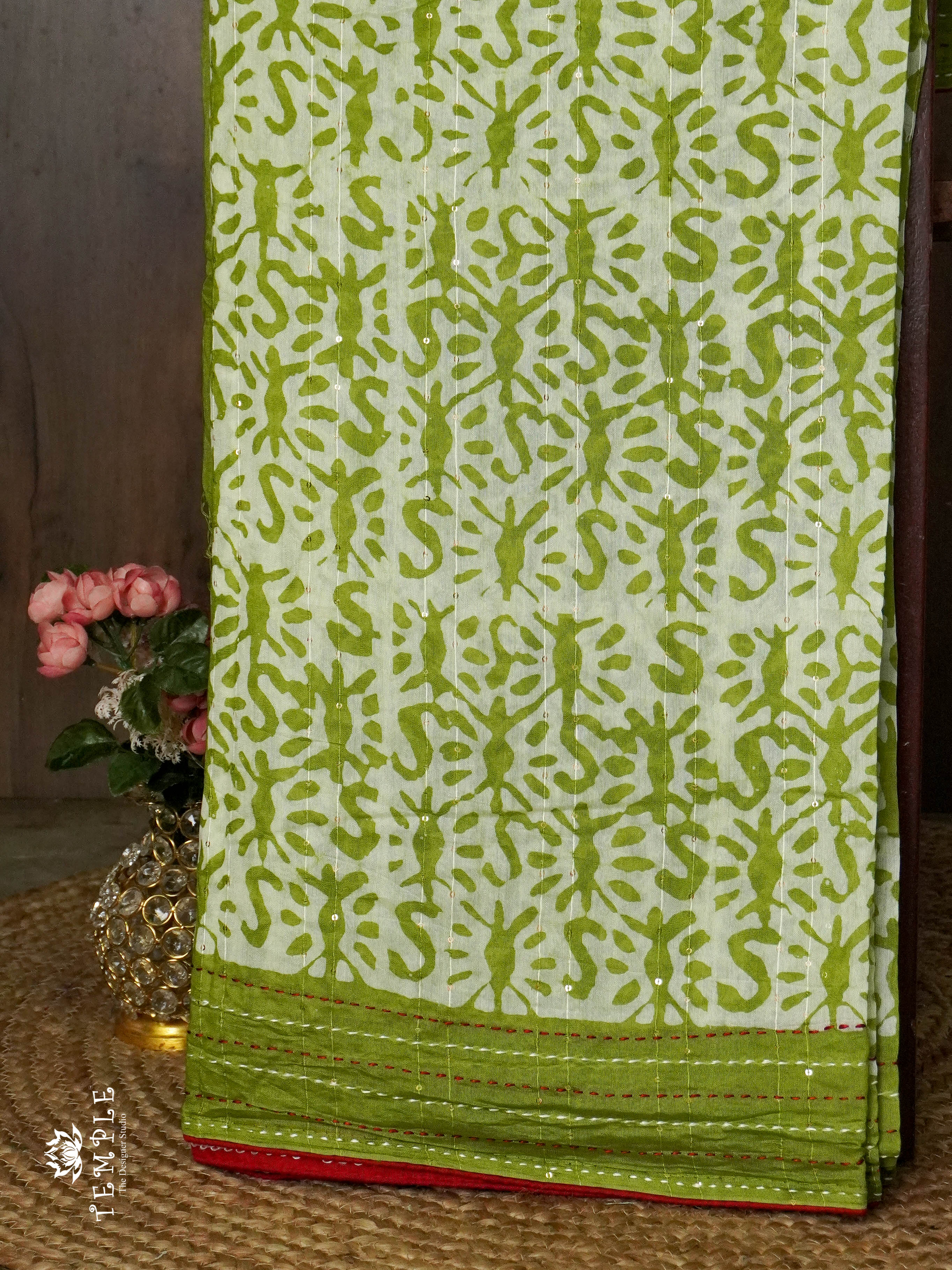 Batik Printed Saree With Kantha Work(Parrot Green) | TTDS1306