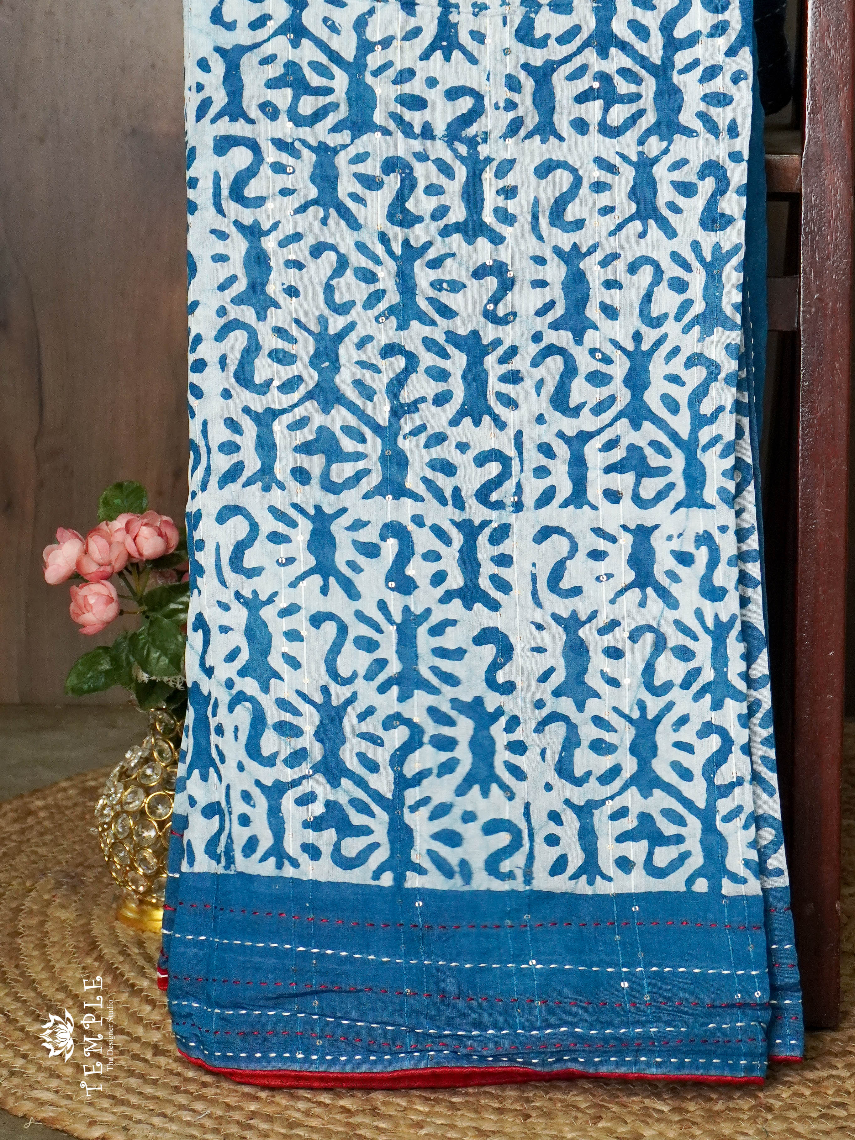 Batik Printed Saree With Kantha Work(Teal Blue) | TTDS1306