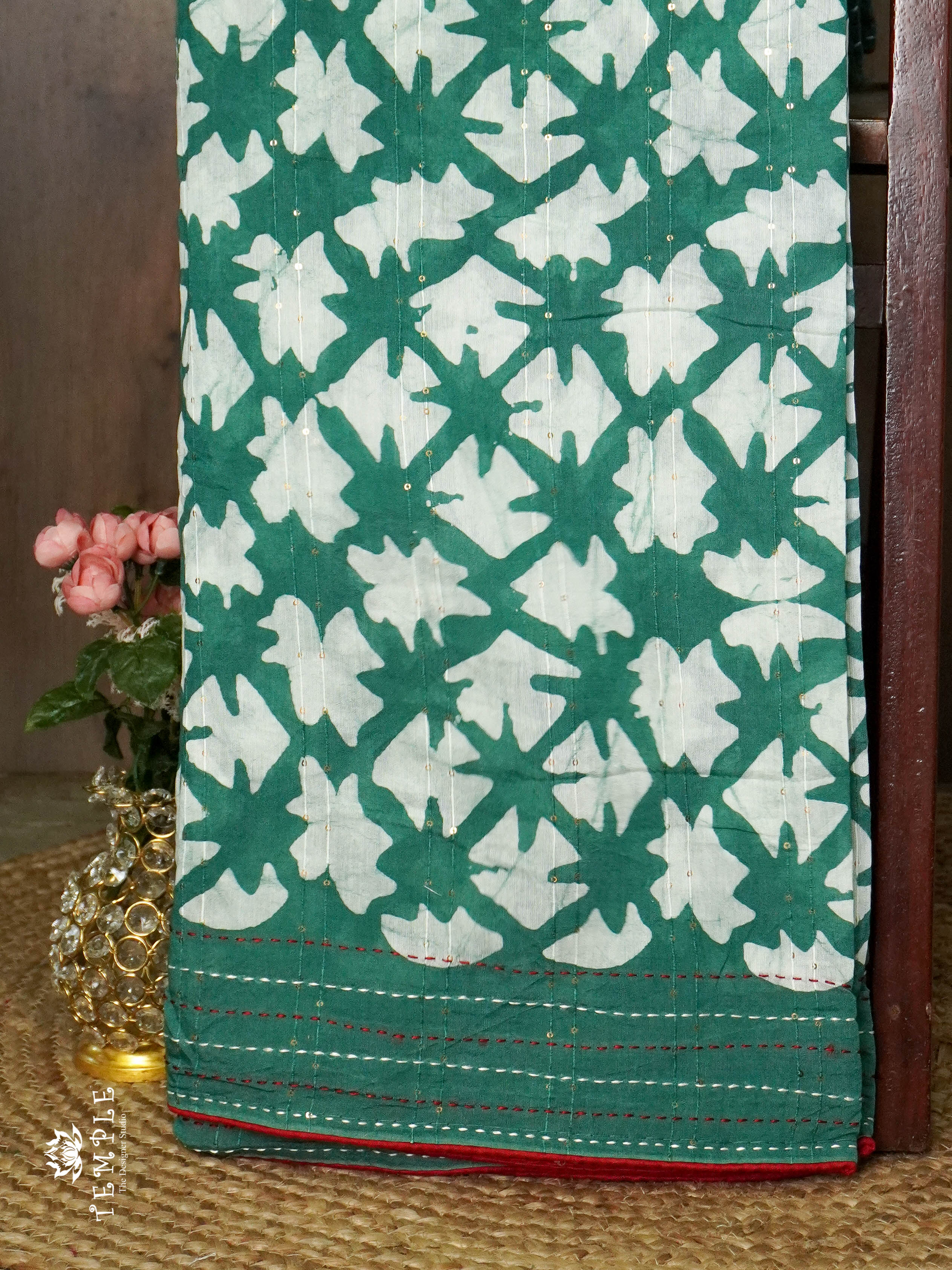 Batik Printed Saree With Kantha Work(Green) | TTDS1306