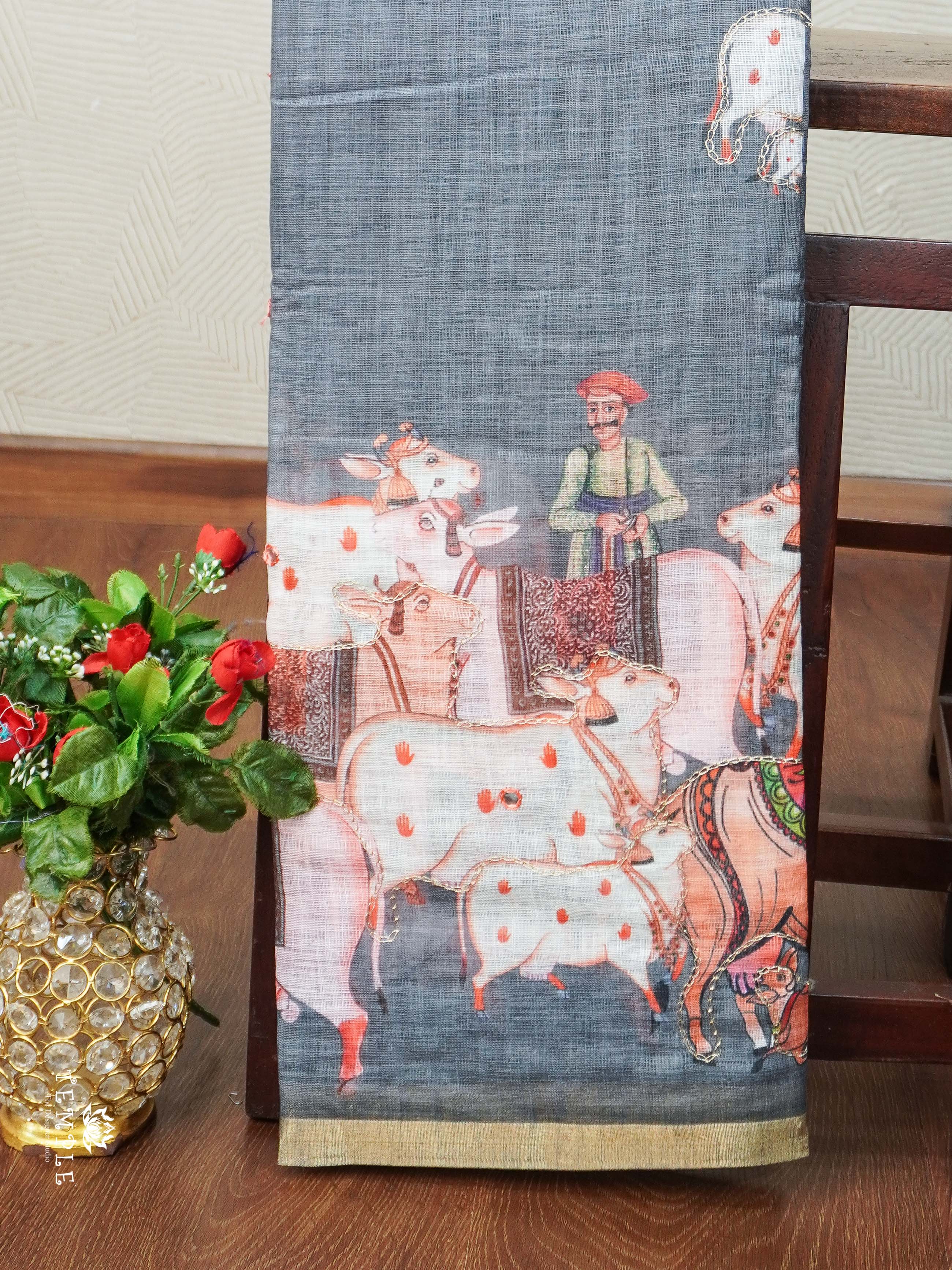Pichwai Printed Linen Cotton Saree | TTDS2214 | PRE BOOKING