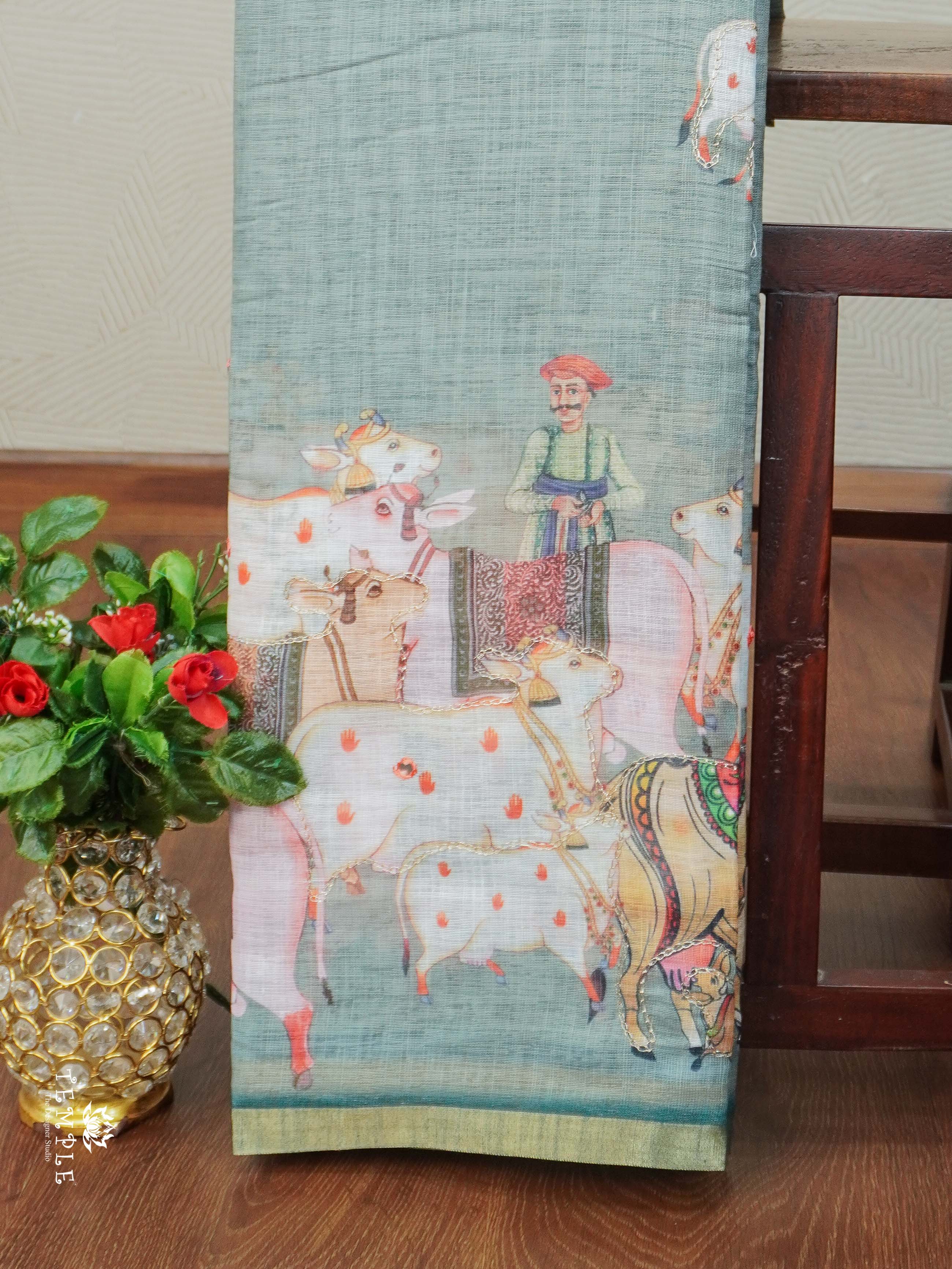 Pichwai Printed Linen Cotton Saree | TTDS2214 | PRE BOOKING