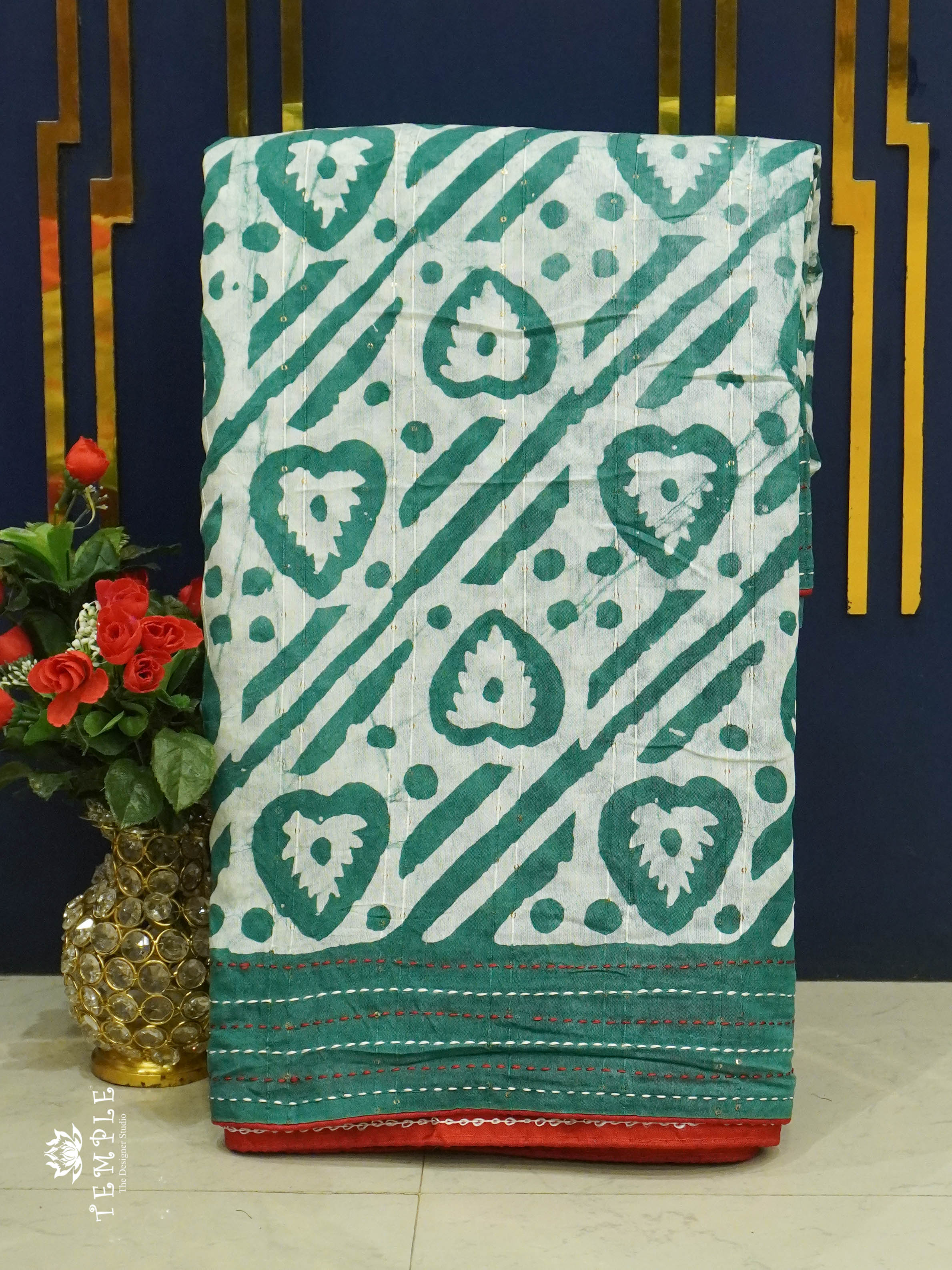 Batik Printed Saree With Kantha Work(Green) | TTDS1331 | Sparkling Deals