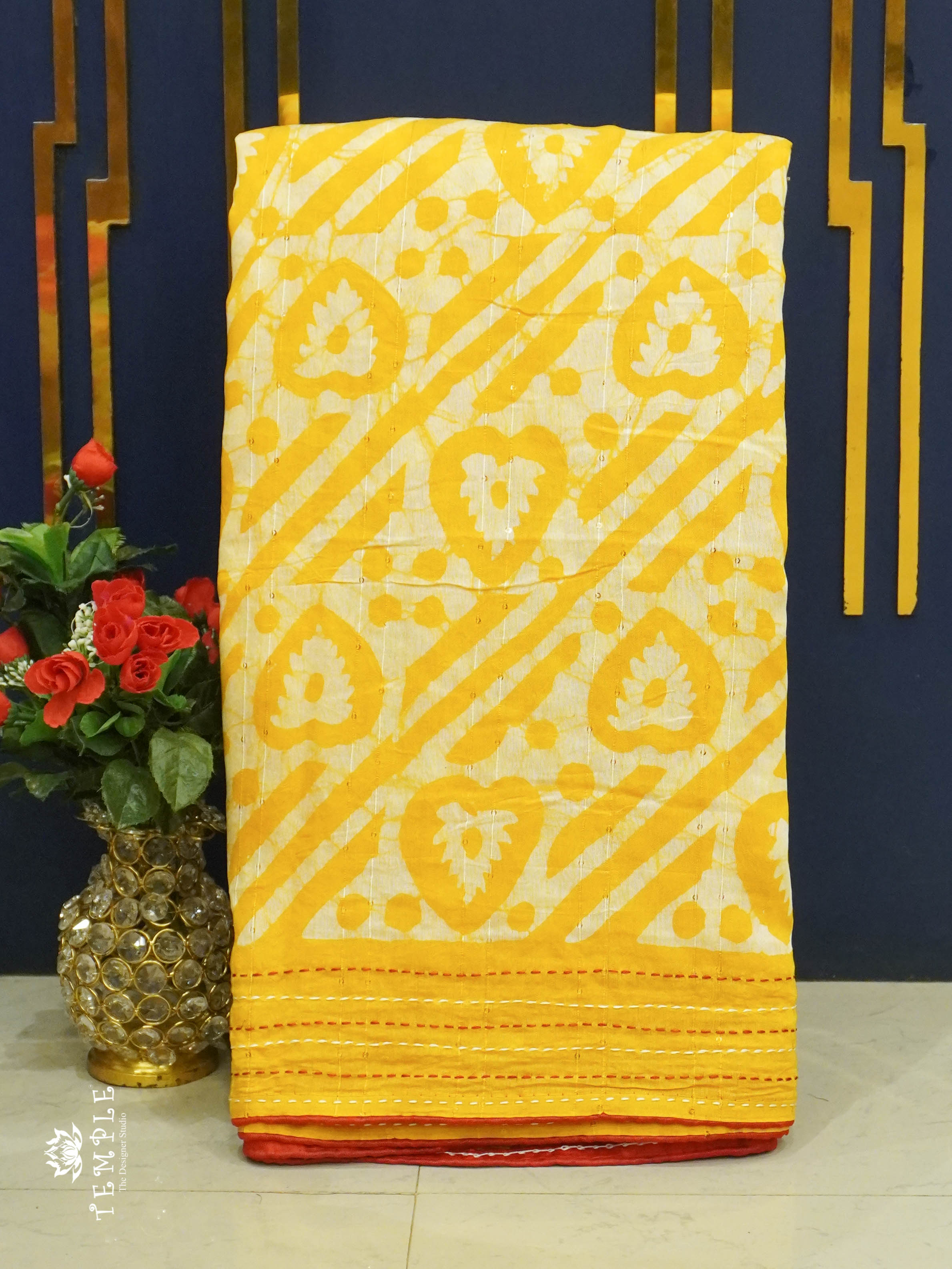 Batik Printed Saree With Kantha Work(Yellow) | TTDS1331 | Sparkling Deals