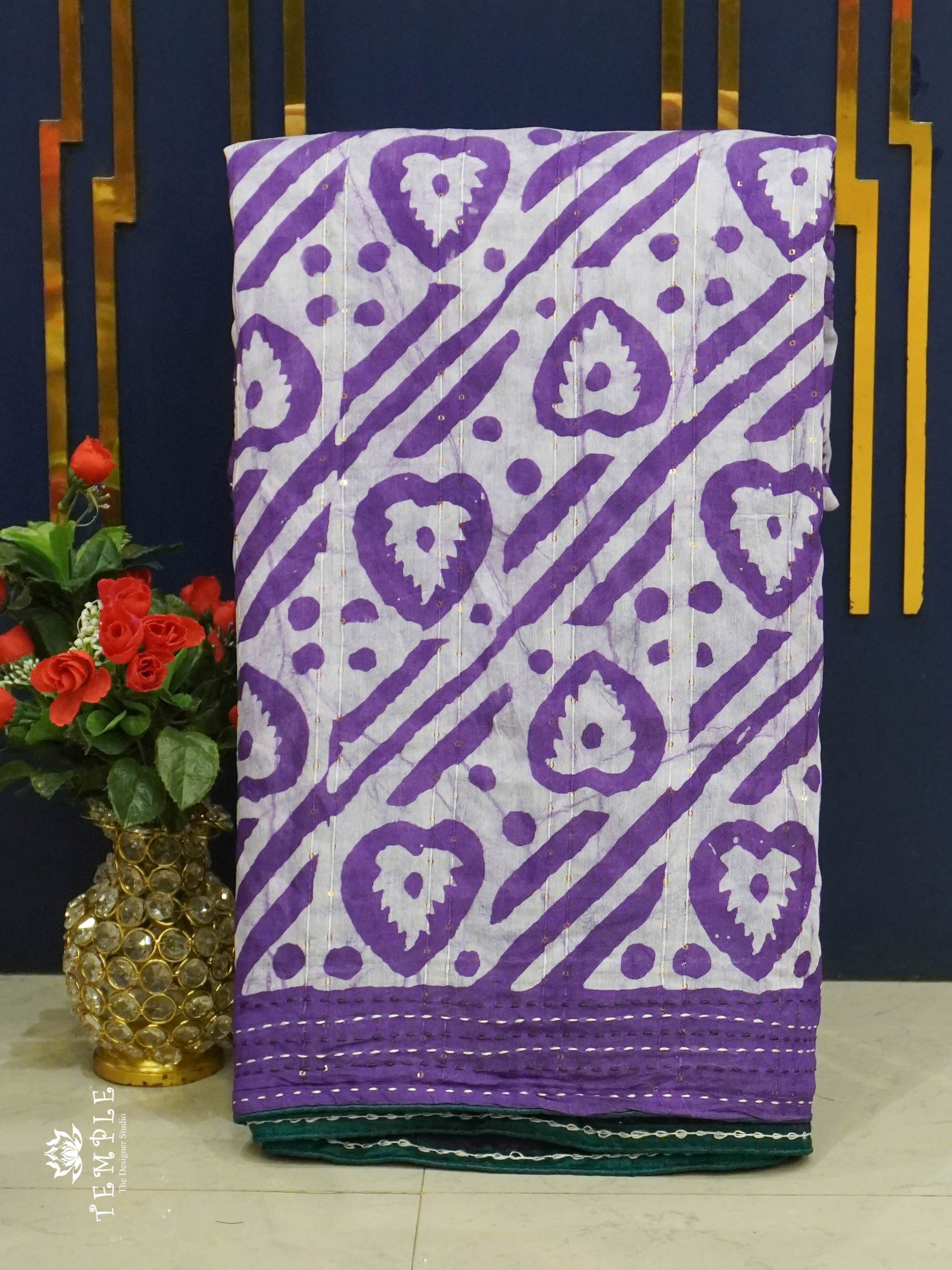 Batik Printed Saree With Kantha Work(Violet) | TTDS1331 | Sparkling Deals