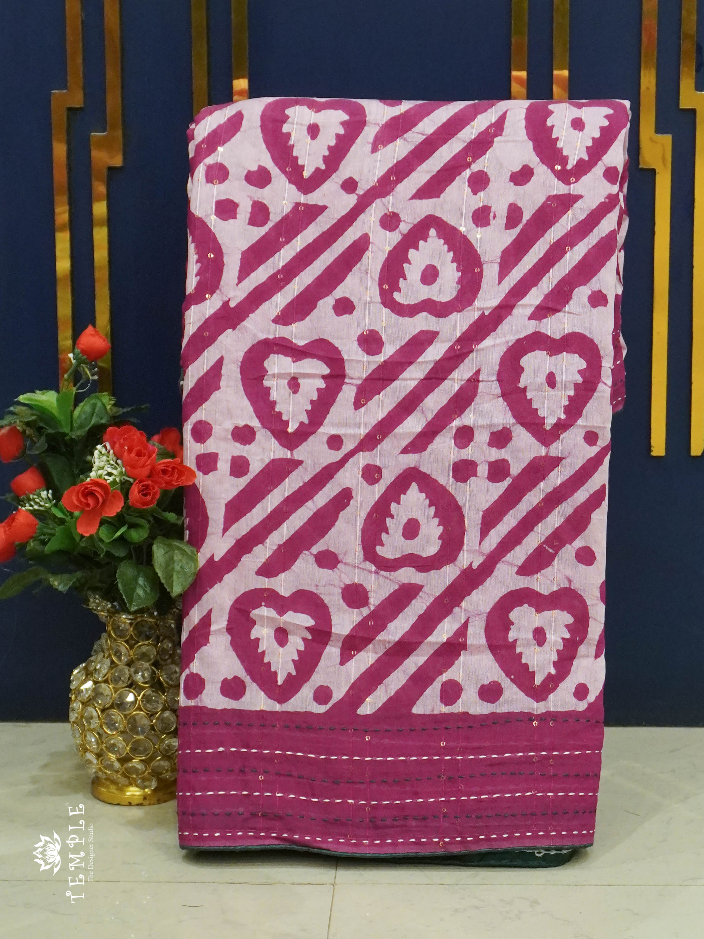 Batik Printed Saree With Kantha Work(Pink) | TTDS1331 | Sparkling Deals