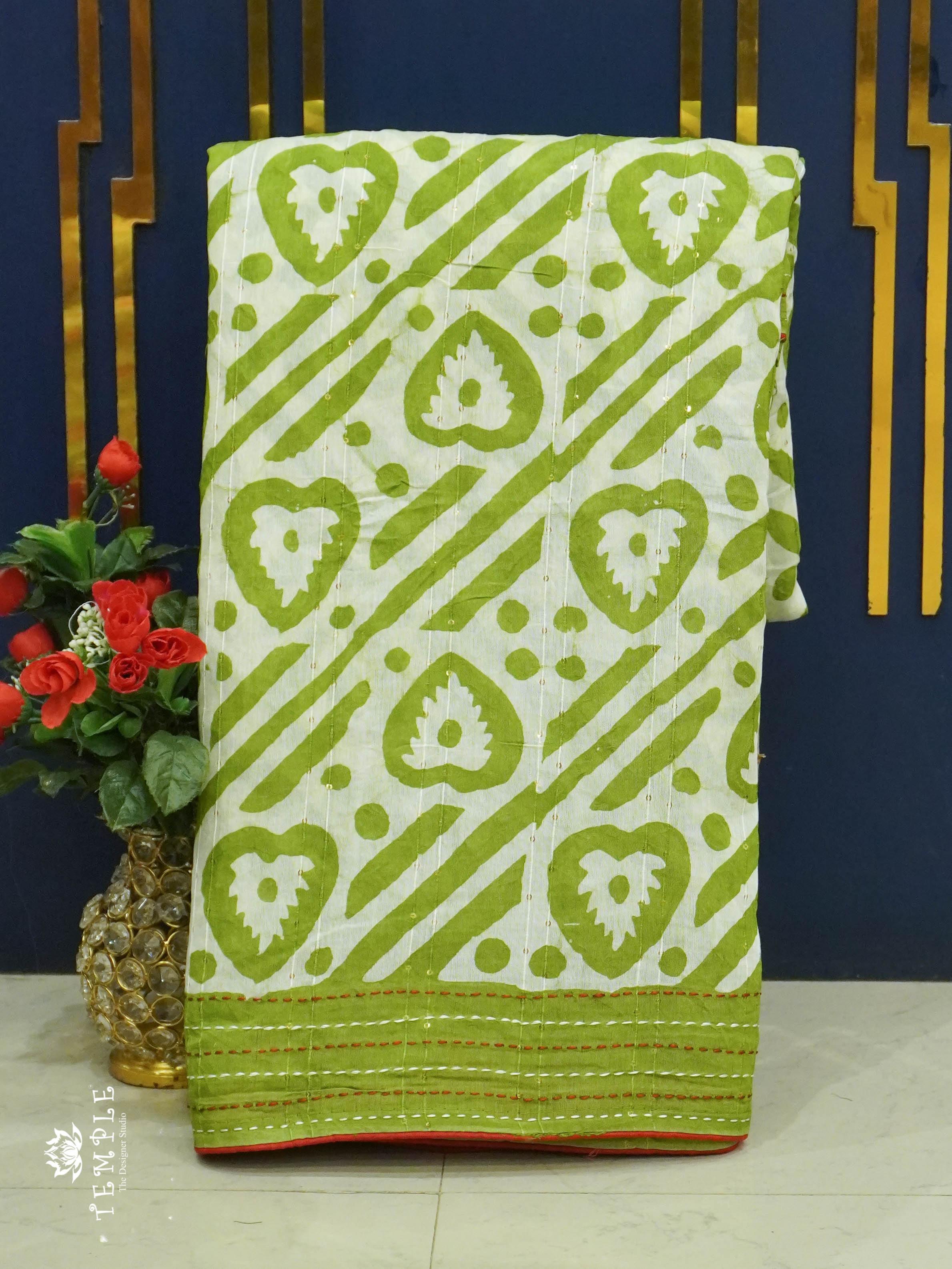 Batik Printed Saree With Kantha Work(Parrot Green) | TTDS1331 | Sparkling Deals